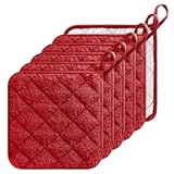 GROBRO7 6Pcs Cotton Quilted Terry Oven Set Pot Holders Heat Resistant Multipurpose 7&rsquo;'x7&rsquo;' Hot Pads with Hanging Loop Durable Machine Washable Oven Mitts for Daily Kitchen Baking and Cooking Red