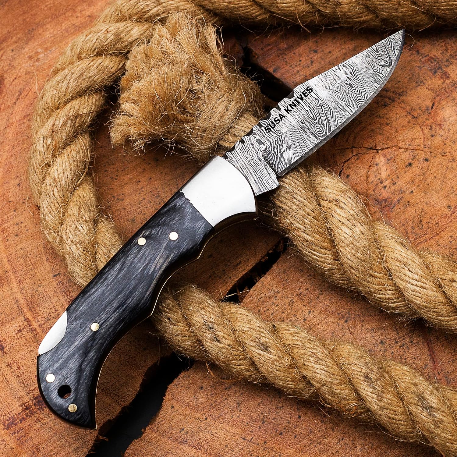 Damascus Steel Pocket Knife Handmade cowboy Knives for Outdoor, Camping, Hiking Back Lock Blade EDC knife pancake leather sheath