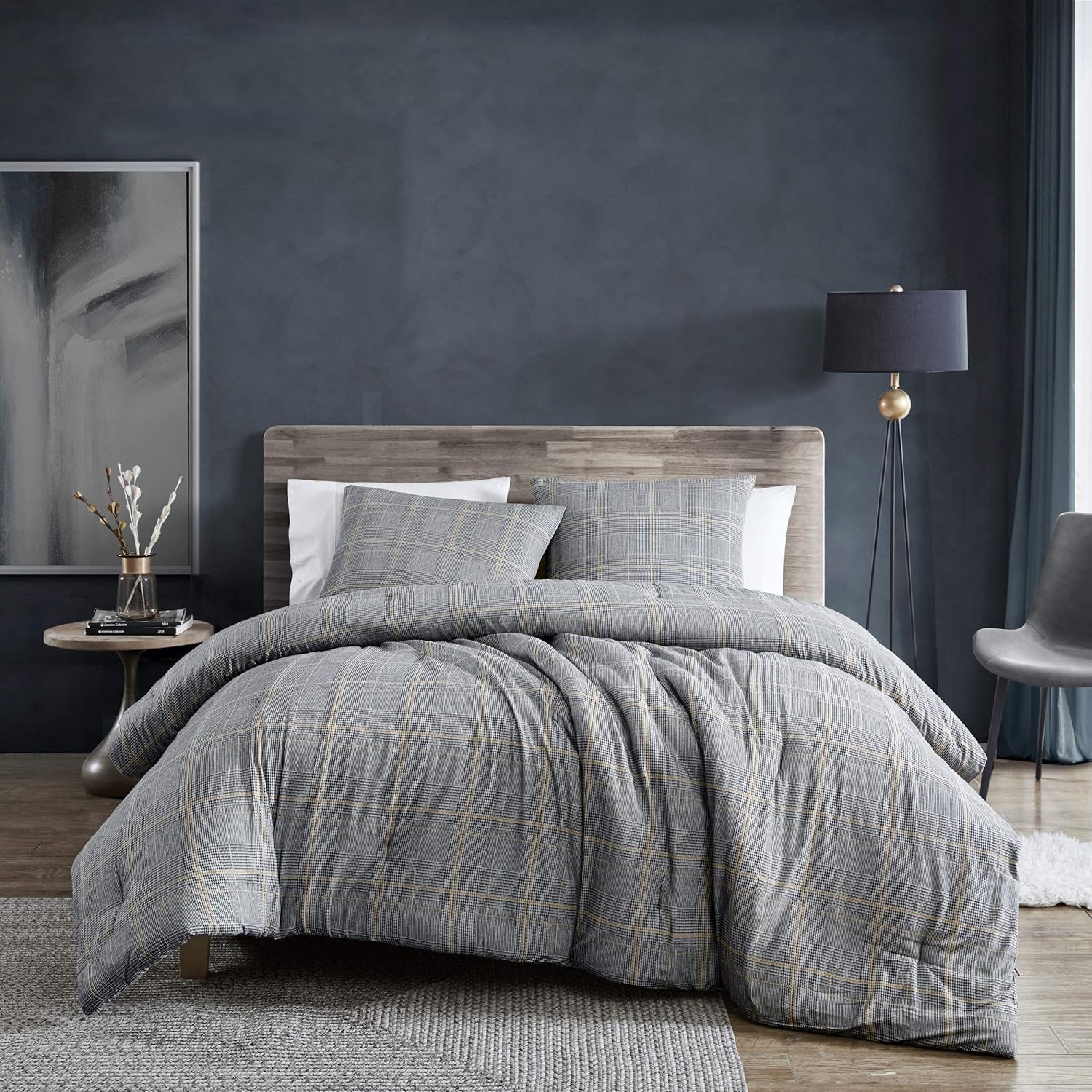 Kenneth Cole New York - Queen Comforter Set, Cotton Flannel Bedding with Matching Shams, All Season Home Decor (Sussex Black, Queen)