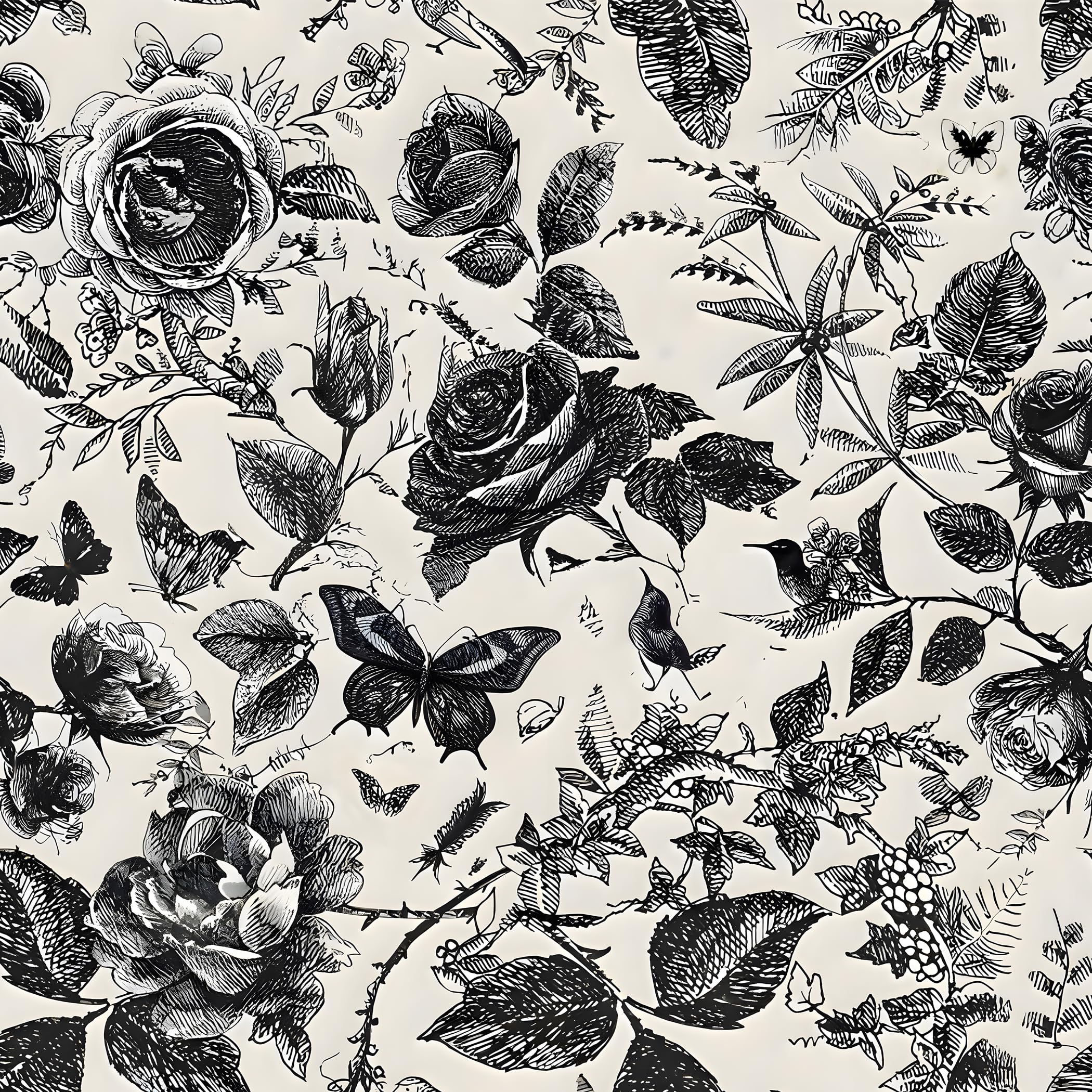 Black and White Floral Wallpaper,44 x 500 cm Self Adhesive Wallpaper Rose Flowers Butterfly and Birds Wall paper Leaf Plants Wall paper Self Adhesive Furniture Wrap for Living Room,Bathroom,Cabinet