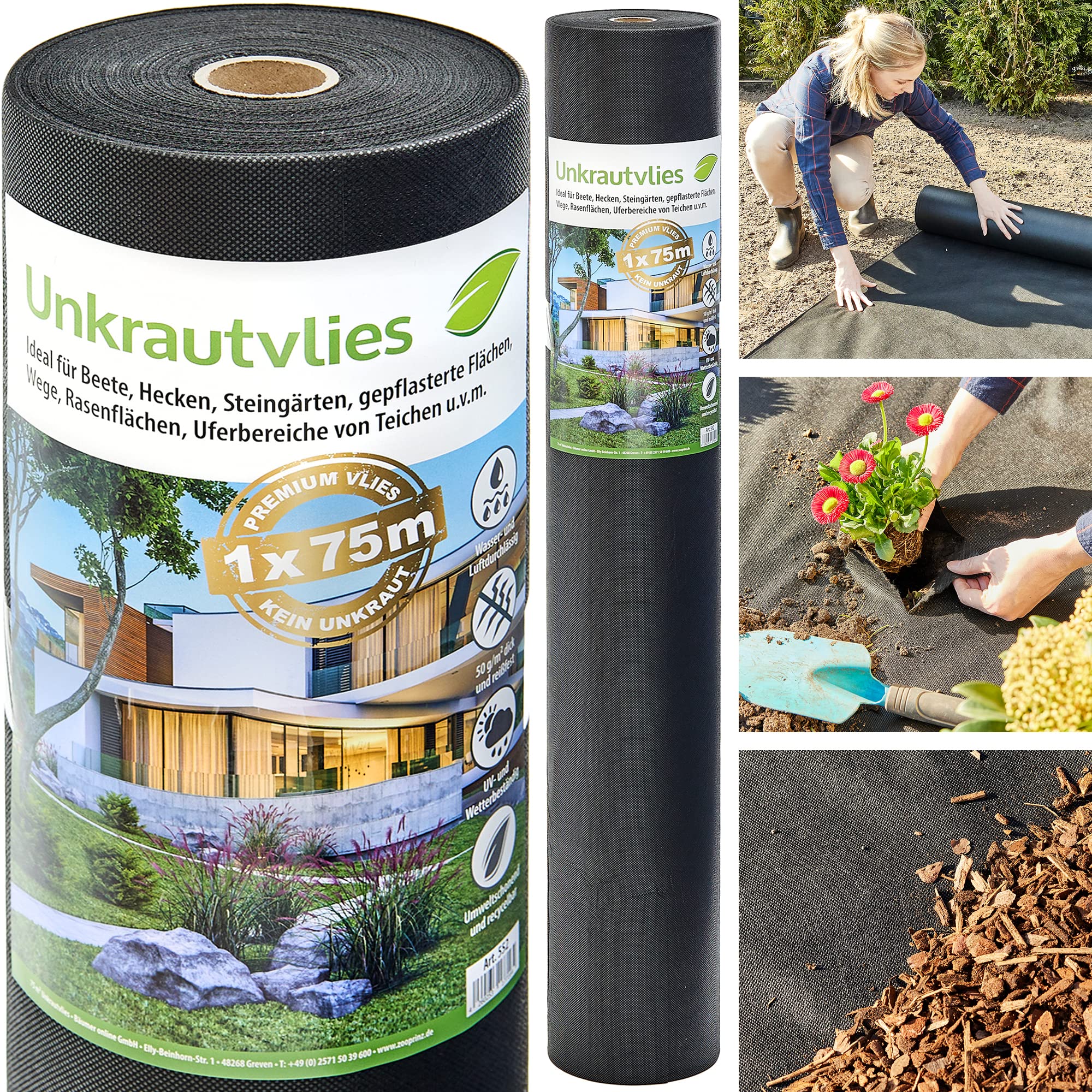 zooprinz Dickes und reißfestes Unkrautvlies – 25m, 50m oder 75m Gartenvlies auf praktischer Rolle – Unkrautfolie witterungsbeständig – Vlies Wasser- und luftdurchlässig – Perfekter Schutz vor Frost