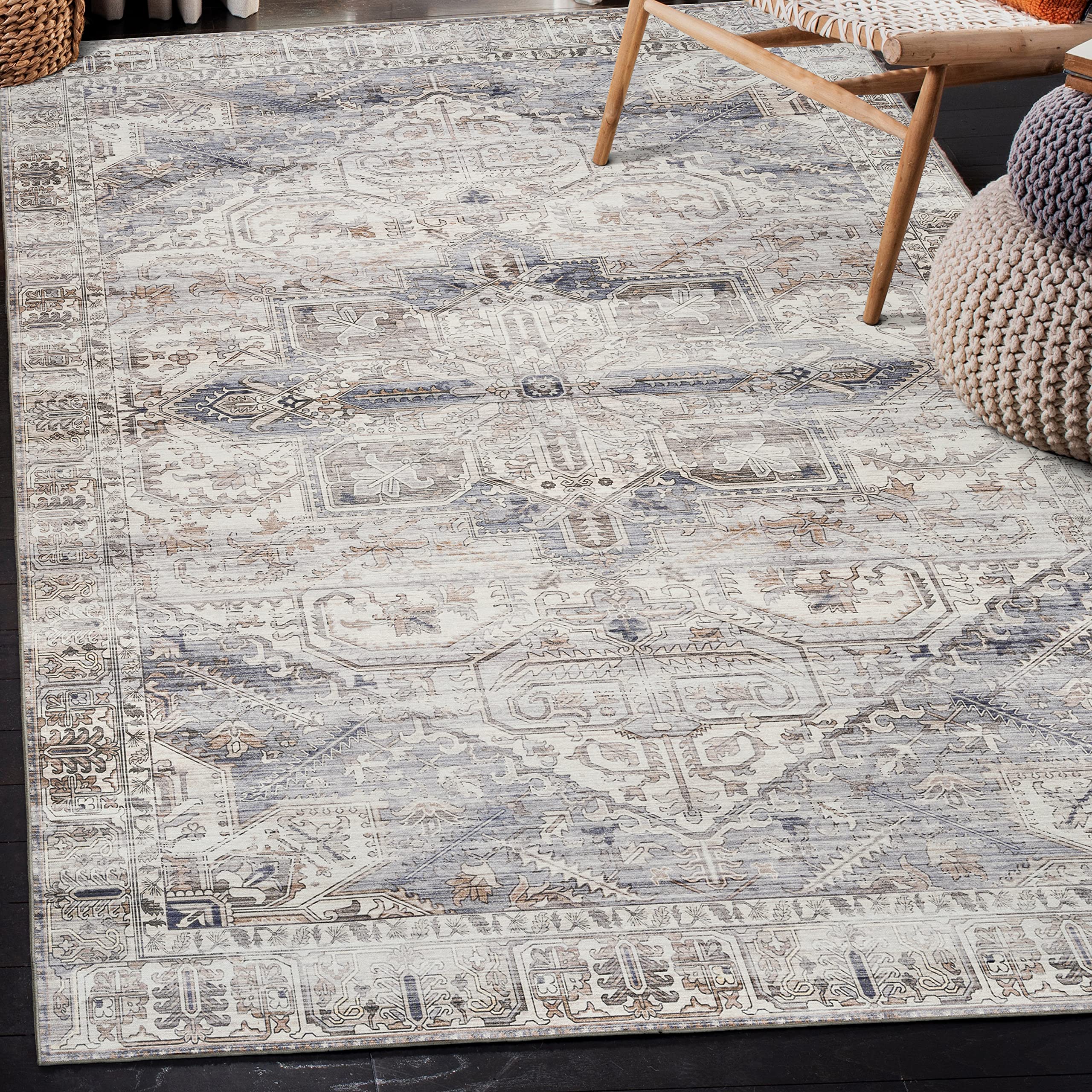 ReaLife Machine Washable Rug - Stain Resistant, Non-Shed - Eco-Friendly, Non-Slip, Family & Pet Friendly - Made from Premium Recycled Fibers - Lia Medallion Distressed Vintage Beige - 7’6 x 9’6