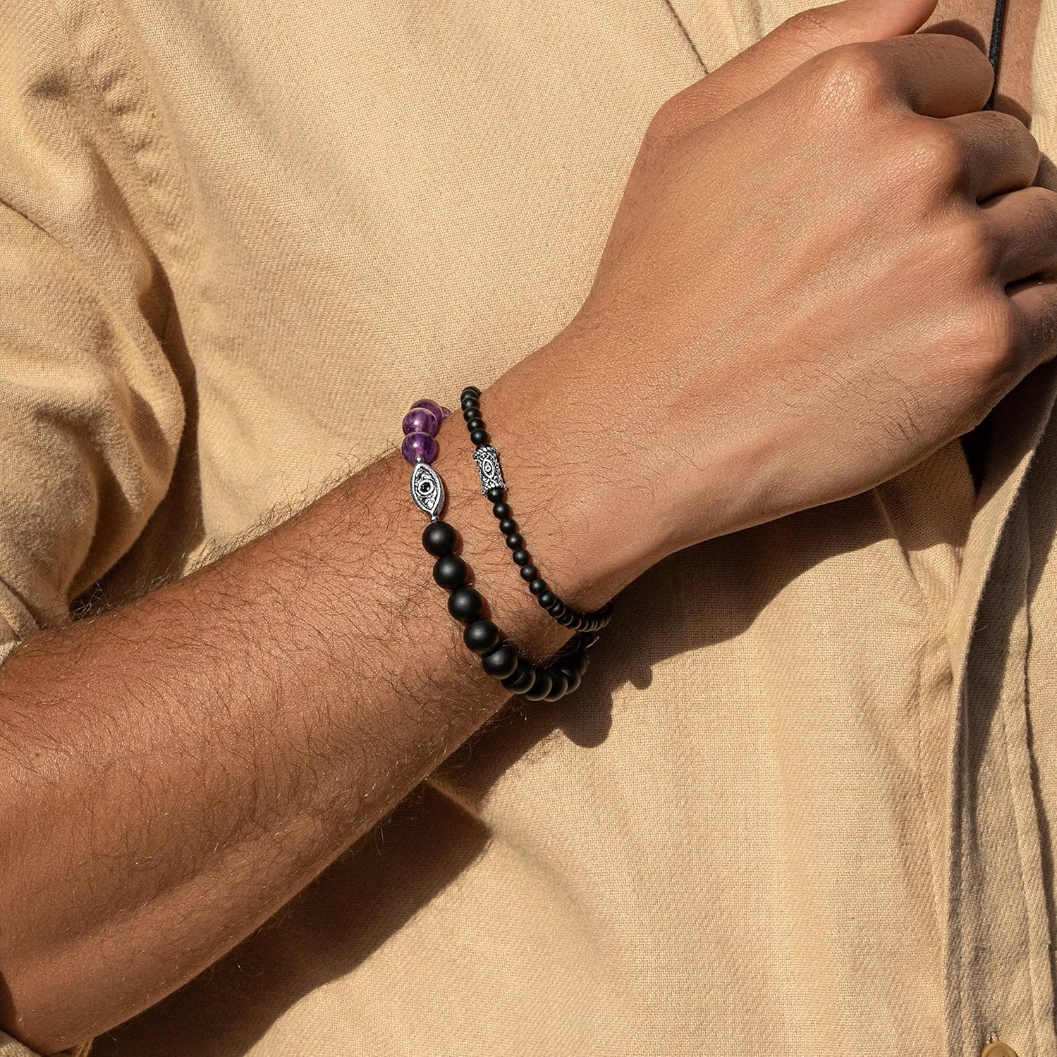 KARMA AND LUCK Sterling Silver Bracelet for Men – Tiger’s Eye, Jasper, Onyx, African Opal, Pyrite, Garnet – Multi-Symbol, Evil Eye, Matte & Polished Stones – Spiritual & Healing Jewelry