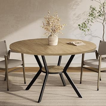 MECHYIN 42 Round Dining Table for 24, Farmhouse Round Kitchen Table with Storage Shelf, Pedestal Dinner Table, Wood Top & Metal Base, Small Space Table for Apartment, Dining Room, Light Oak