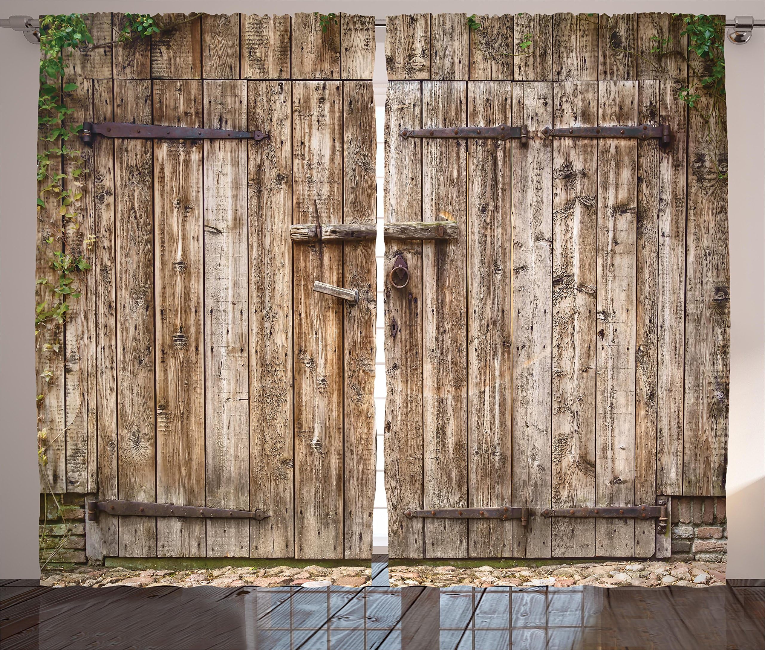 Ambesonne Rustic Curtains, Old Oak Closed Garage Door with Steel Hinges Vintage Typical Cottage Doorway Image, Living Room Bedroom Window Drapes 2 Panel Set, 108" X 90", Tortilla