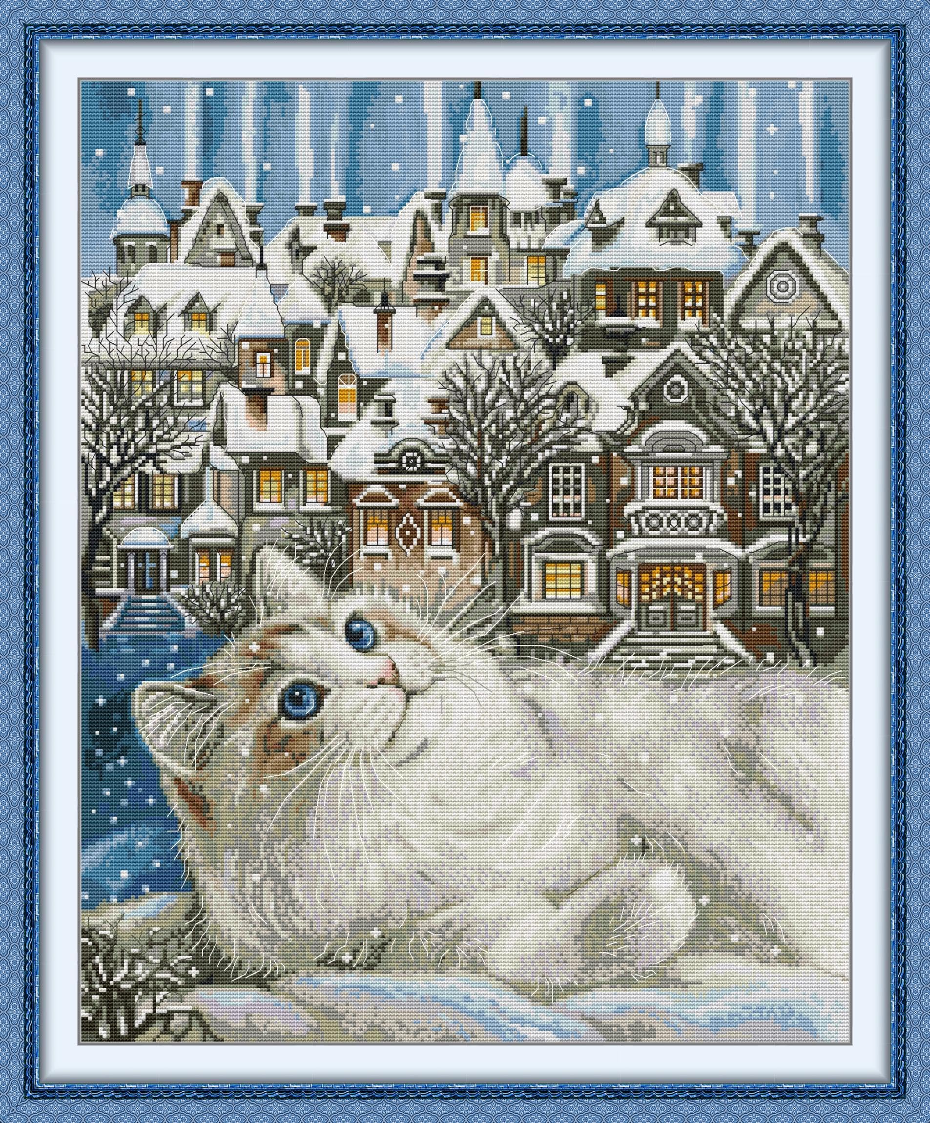 Gofission 14ct Stamped Cross Stitch Kits for Adults Beginners, Winter Town with Cat DIY Pre Printed Cross Stitch Embroidery Set with Accessories Wall Decor 47x57cm (Village)