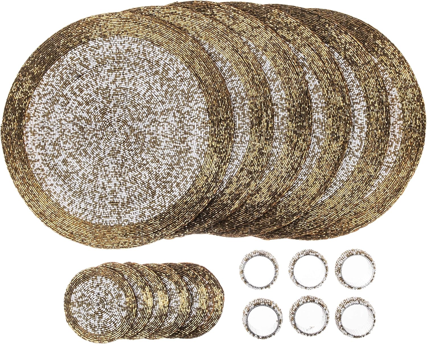 Handcrafted Glass Beaded Round Placemats, Coasters & Napkin Rings Set of 18 - Handmade Table Place Mats for Dining - 32 cm (13") Diameter (Gold and White)