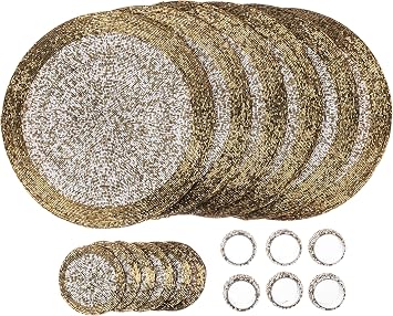 Penguin Home Handcrafted Glass Beaded Round Placemats, Coasters & Napkin Rings Set of 18 - Handmade Table Place Mats for Dining - 32 cm 13" Diameter Gold and White