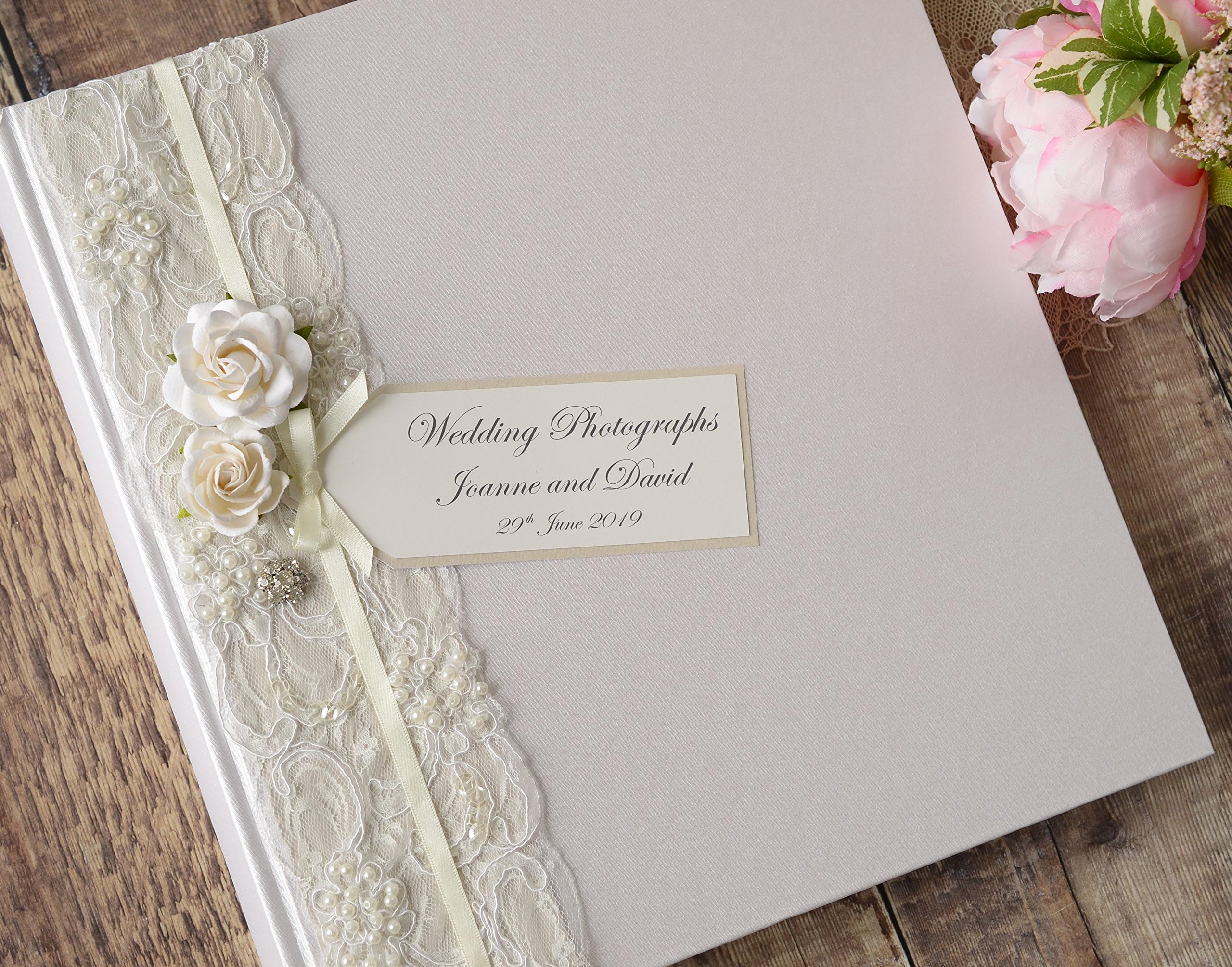 StoriUK Large Ivory Personalised Wedding Photograph Album - Vintage Rose, Lace & Jewel Design - 50 PAGES / 100 Sides