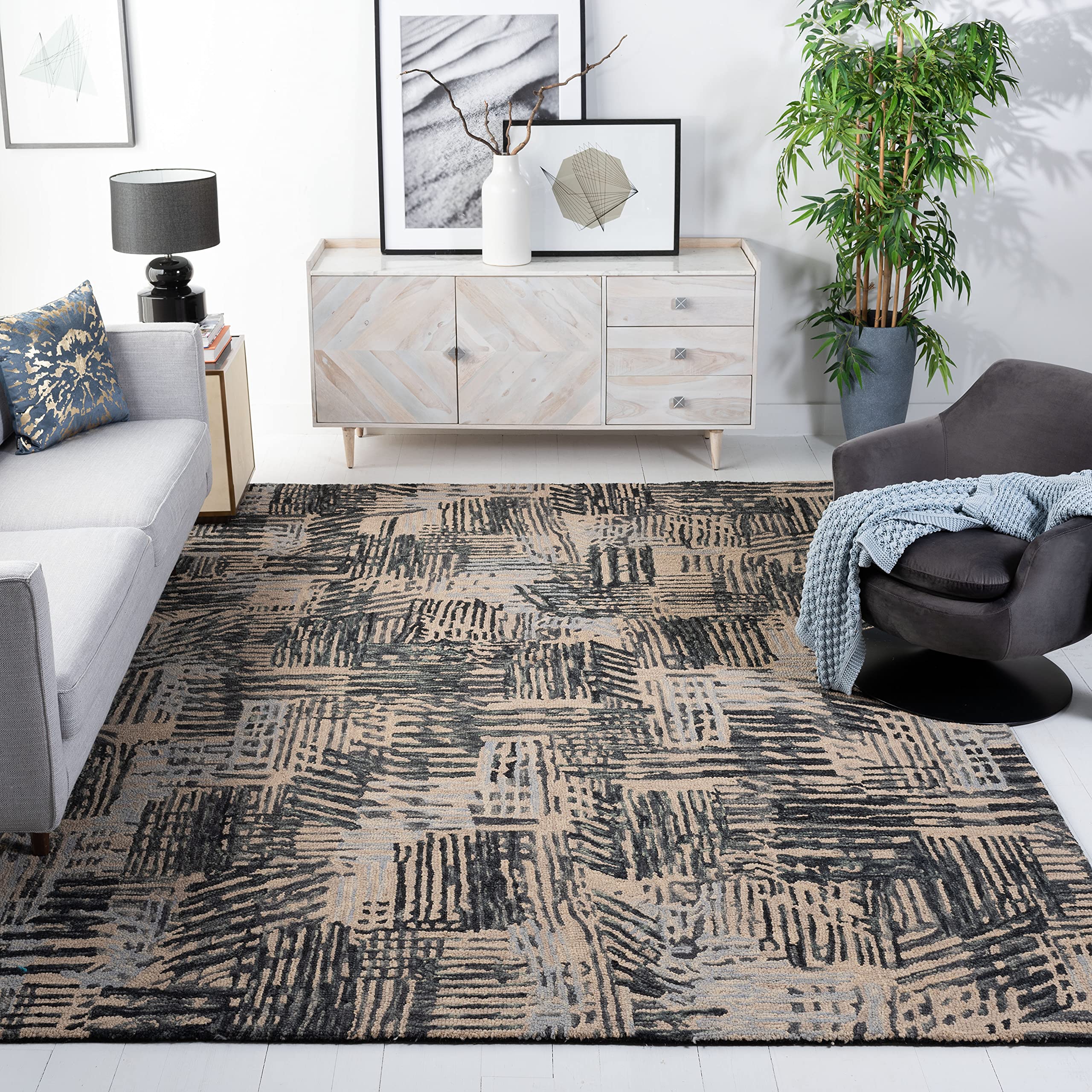 SAFAVIEH Rodeo Drive Collection Area Rug - 5' x 8', Black & Ivory, Handmade Mid-Century Modern Abstract Wool & Cotton, Ideal for High Traffic Areas in Living Room, Bedroom (RD551Z)