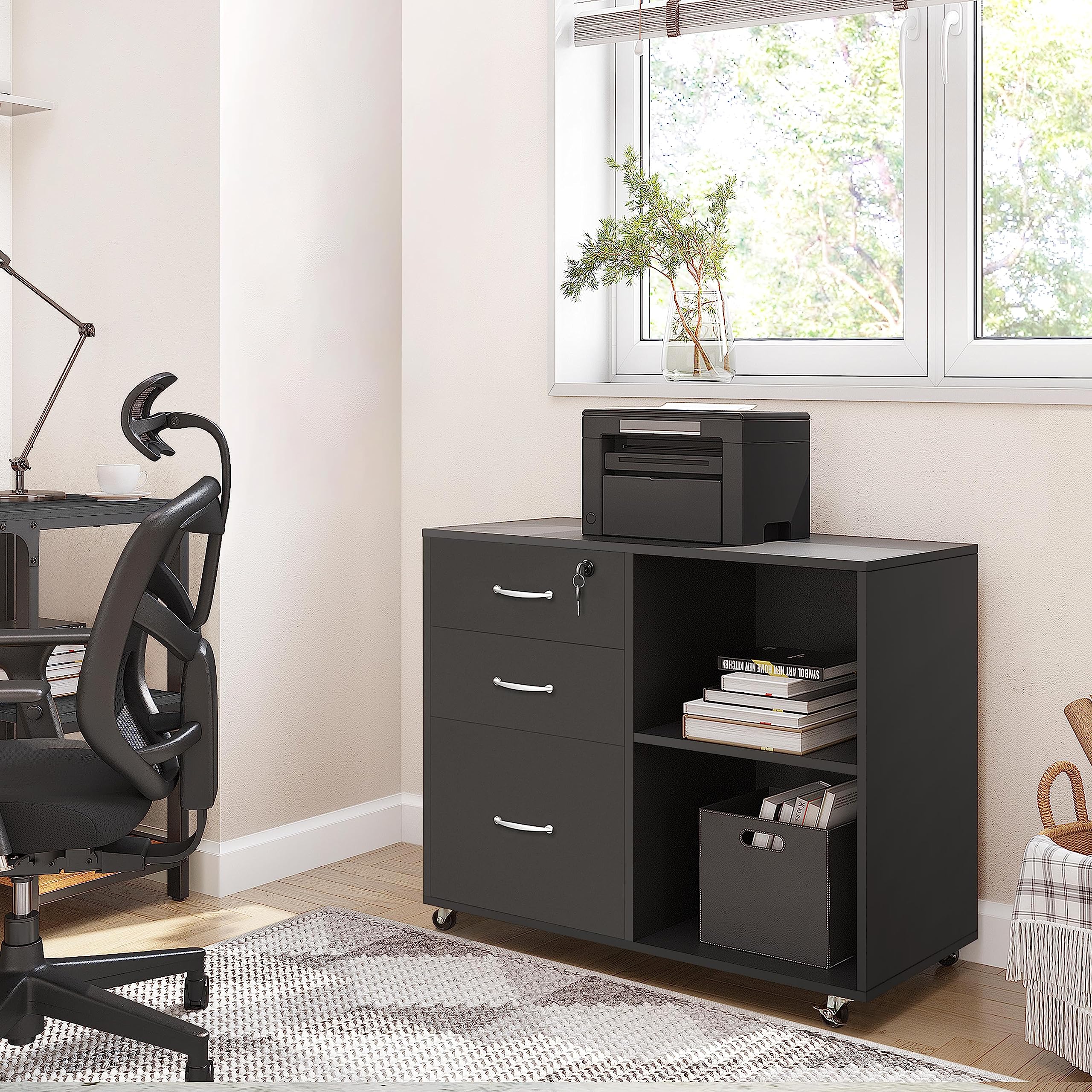 Abician Caisson de Bureau, Meuble Rangement de Dossiers avec 3 Tiroirs, 2 Compartiments Ouverts, 5 roulettes, Serrure, 80×40×65,5cm, pour Format A4, Documents, Lettres, Support d'imprimante Noir