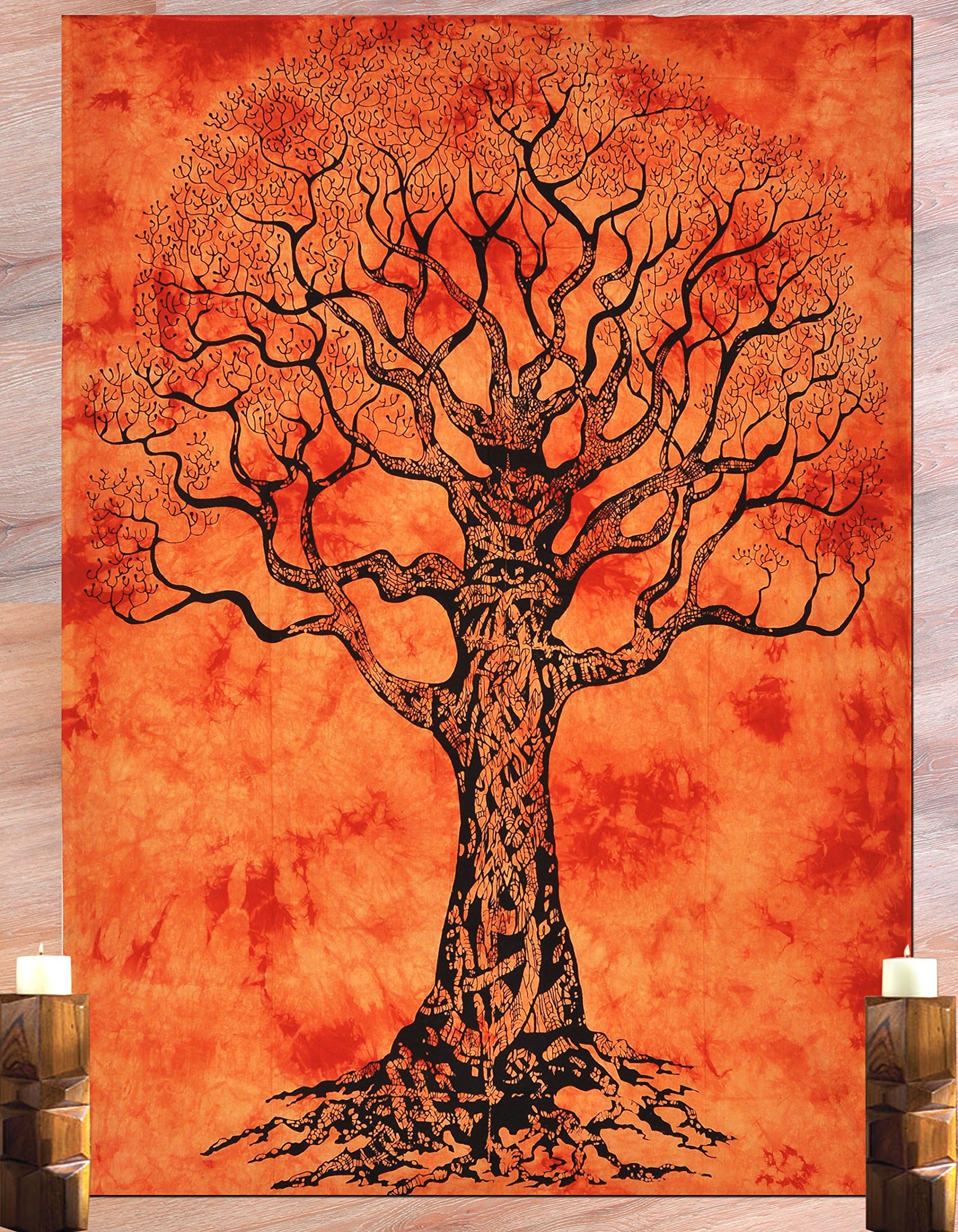 LALI PRINTS Dry Tree, Wall Hanging, Tree of Life Tapestry, Tie Dye Hippie Hippy Indian Mandala Tapestry, psychedelic Tapestries Ethnic Decorative (orange/Multi)