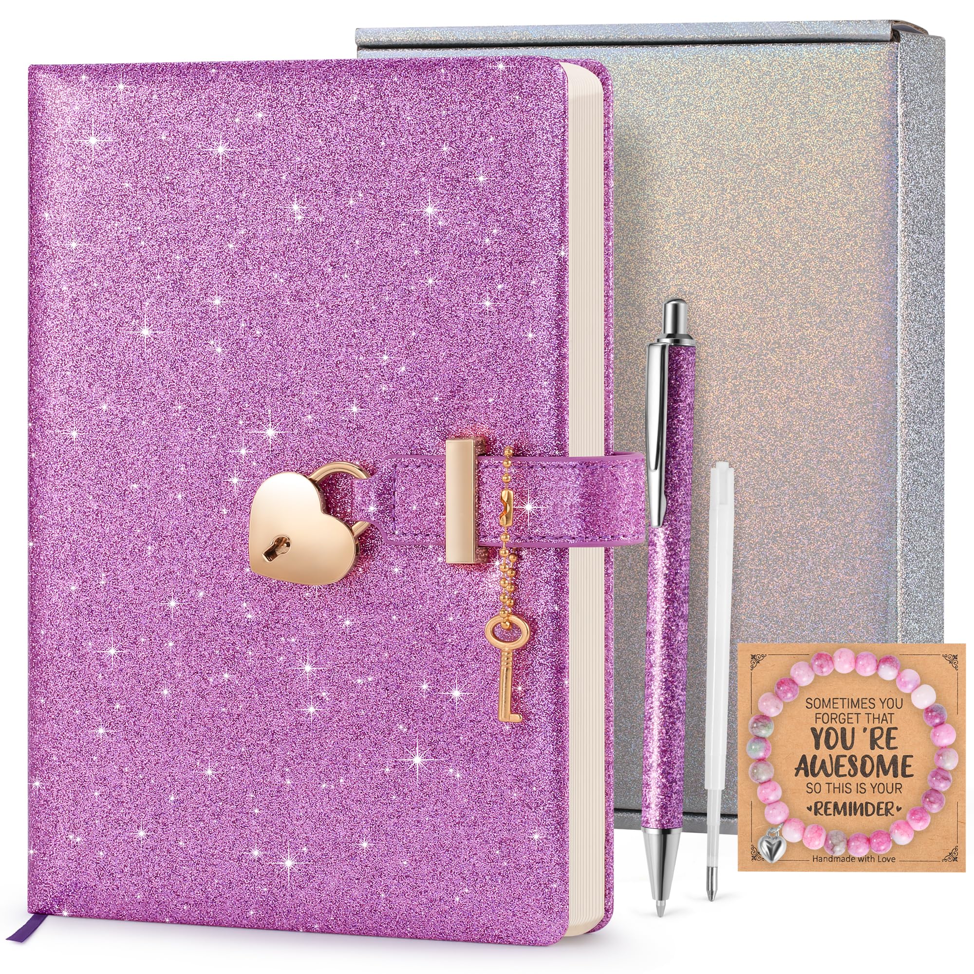 Journal à paillettes avec serrure et clé, 21,3 x 14,5 cm, journal scintillant qui ne perd pas ses poils pour filles, carnet ligné A5 pour écrire, cadeau d'anniversaire pour enfants et