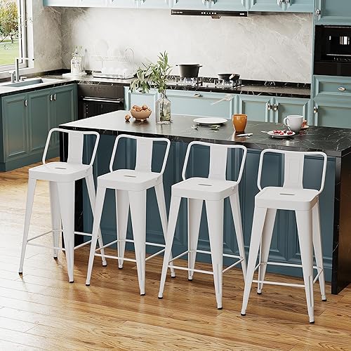 WENTMENT Juego de 4 taburetes de bar de metal con respaldo extraíble de 26 pulgadas, color blanco