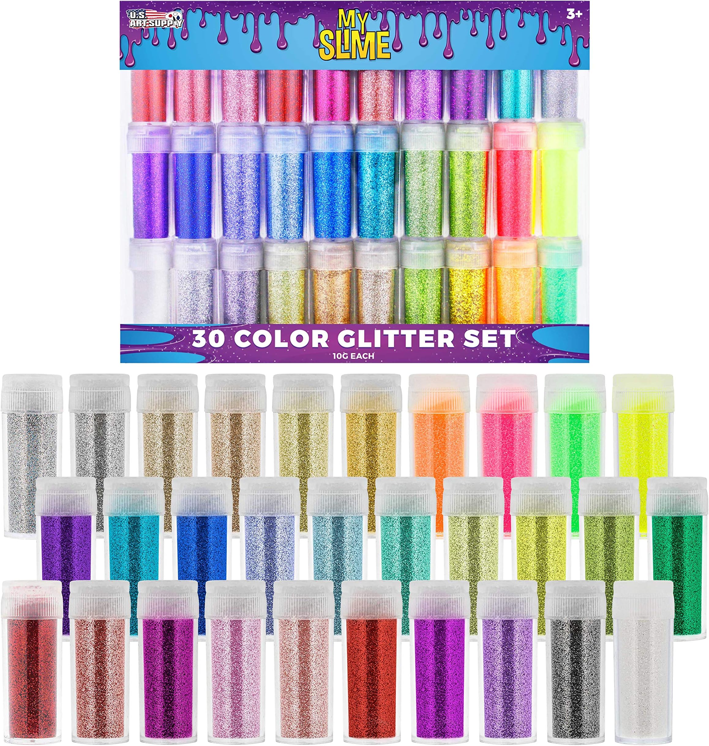 U.S. Art Supply My Slime Colors 30 Color Deluxe Glitter Shake Jars Set Kit - Extra Fine Glitter in Large 10 Gram Bottles - Arts, Crafts, Scrapbooking, Body, Face, Slime Making Glue, Birthday Party