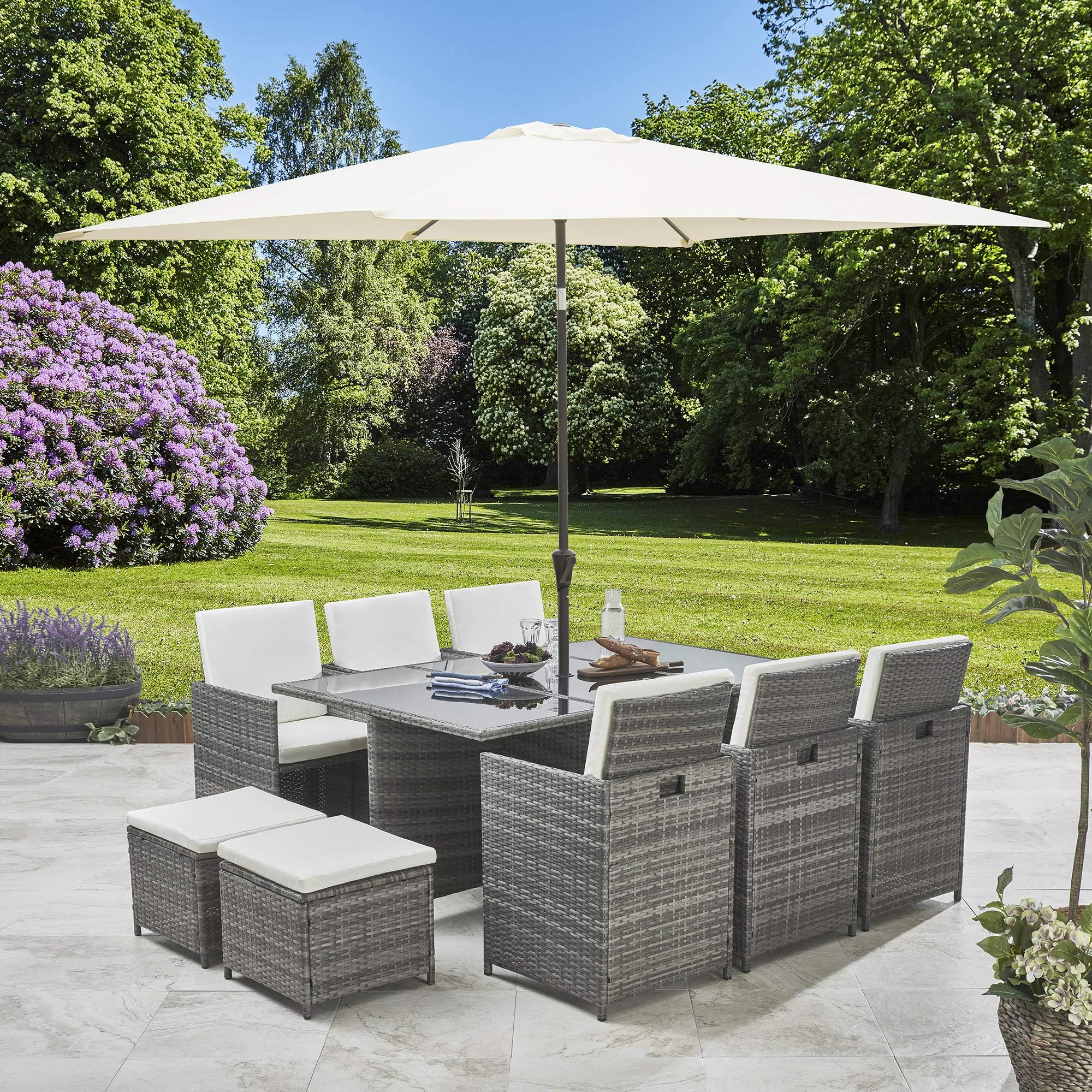 Bella Life 11 Piece / 10 Seater | PE Rattan Cube Table, Chair, Stool Dining Set | Garden Furniture (with Parasol, Grey)