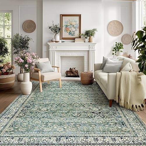Dark Green 6x9 Area Rugs for Bedroom Low Pile Soft Moody Floral Rug with Non Slip Washable Boho Vintage Oriental Indoor Carpet for Living Room Dining Room,Hunter Forest Green