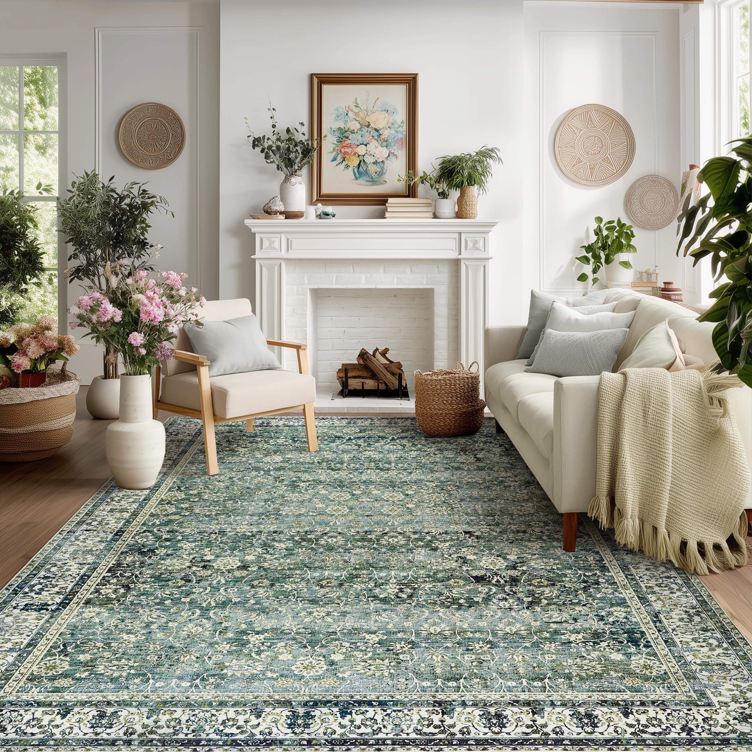 BILEEHOME Dark Green 6x9 Area Rugs for Bedroom Low Pile Soft Moody Floral Rug with Non Slip Washable Boho Vintage Oriental Indoor Carpet for Living