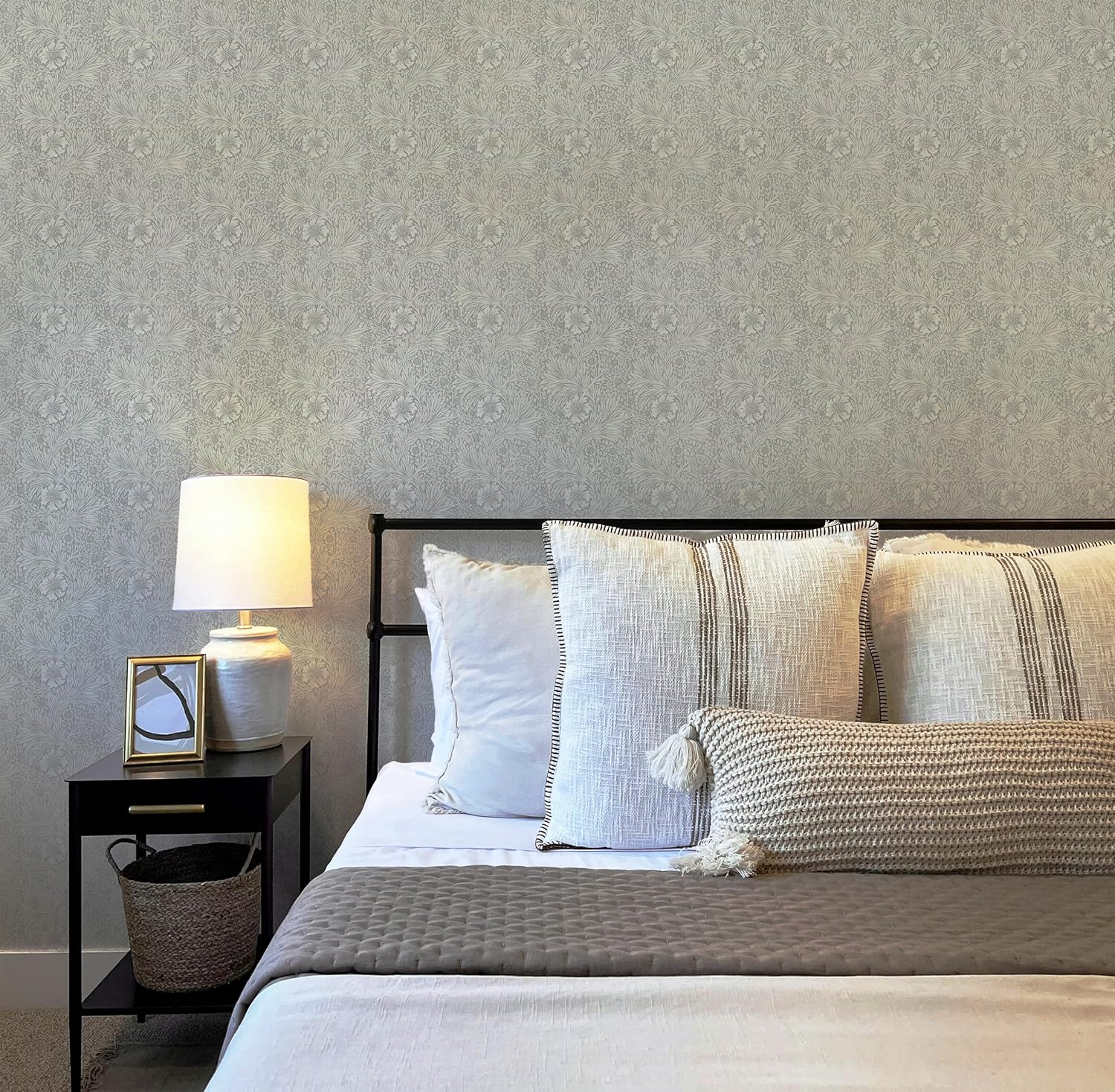 RollsRolla Grey William Morris Peel and Stick Wallpaper with Botanical Marigold Pattern, Fabric Self-Adhesive Wallpaper for Accent Wall, Bedroom, Bathroom, Living Room
