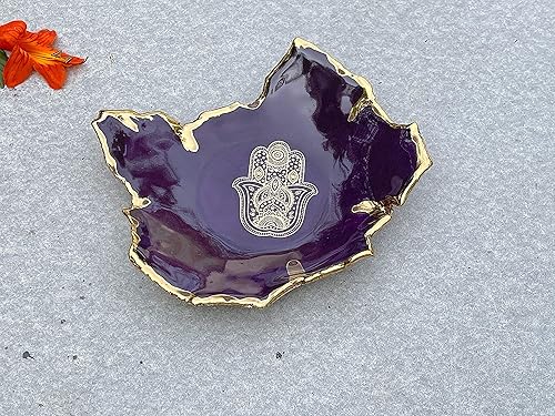 Miniatura 5 de Purple and Gold Hamsa Hand Ring Dish, Handmade Jewelry Holder, Gift for Mom, Daughter, Sister, Bride, Grandmother, Girlfriend, Wife -Stock Photo,