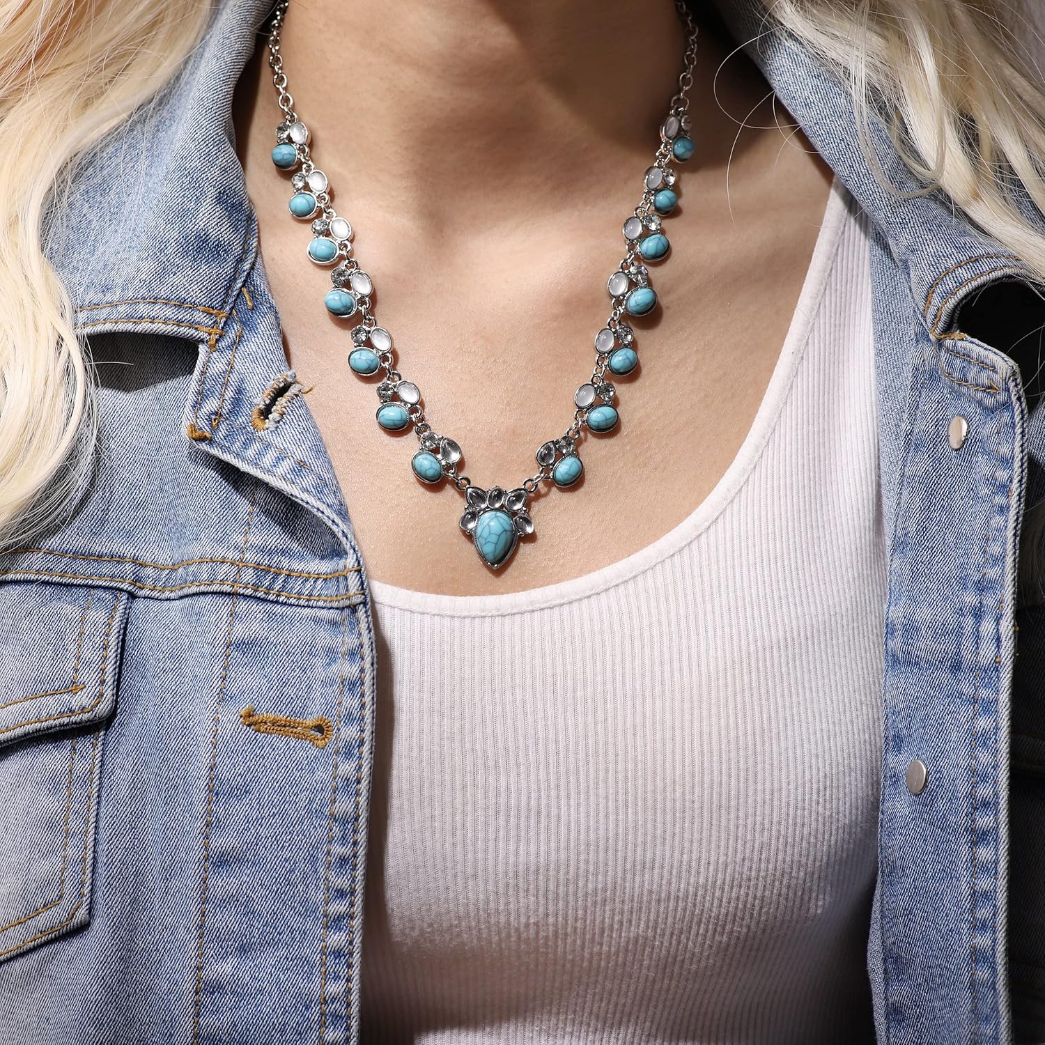 MINACHI Bohemian Beaded Necklace, Crystal Created Turquoise Flower Stone Bead Choker, Boho Vintage Jewelry Gift for Women - Image 5