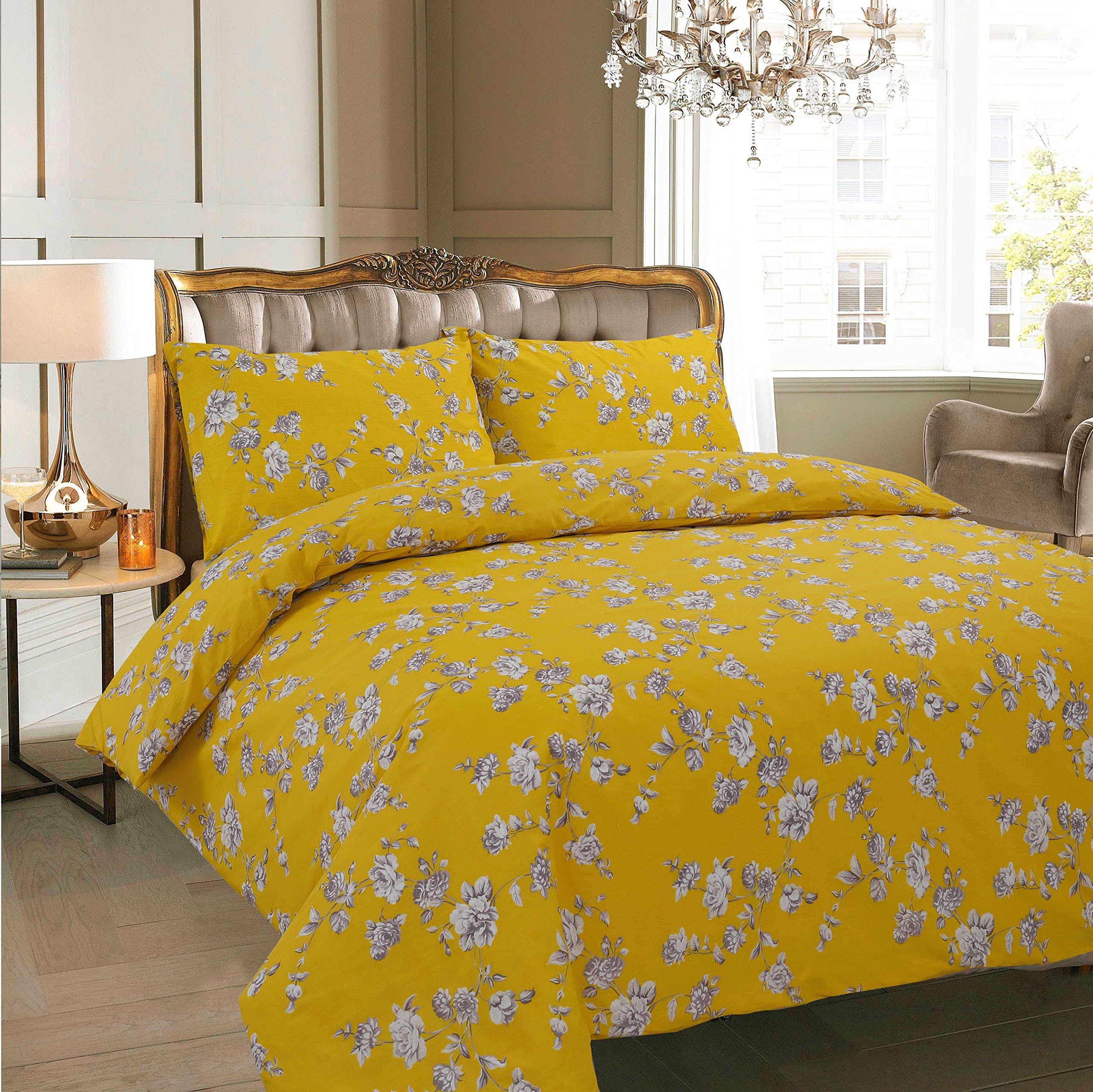 Ltd Luxury Duvet Quilt Cover + PillowCases (Claire Mustard, Double)