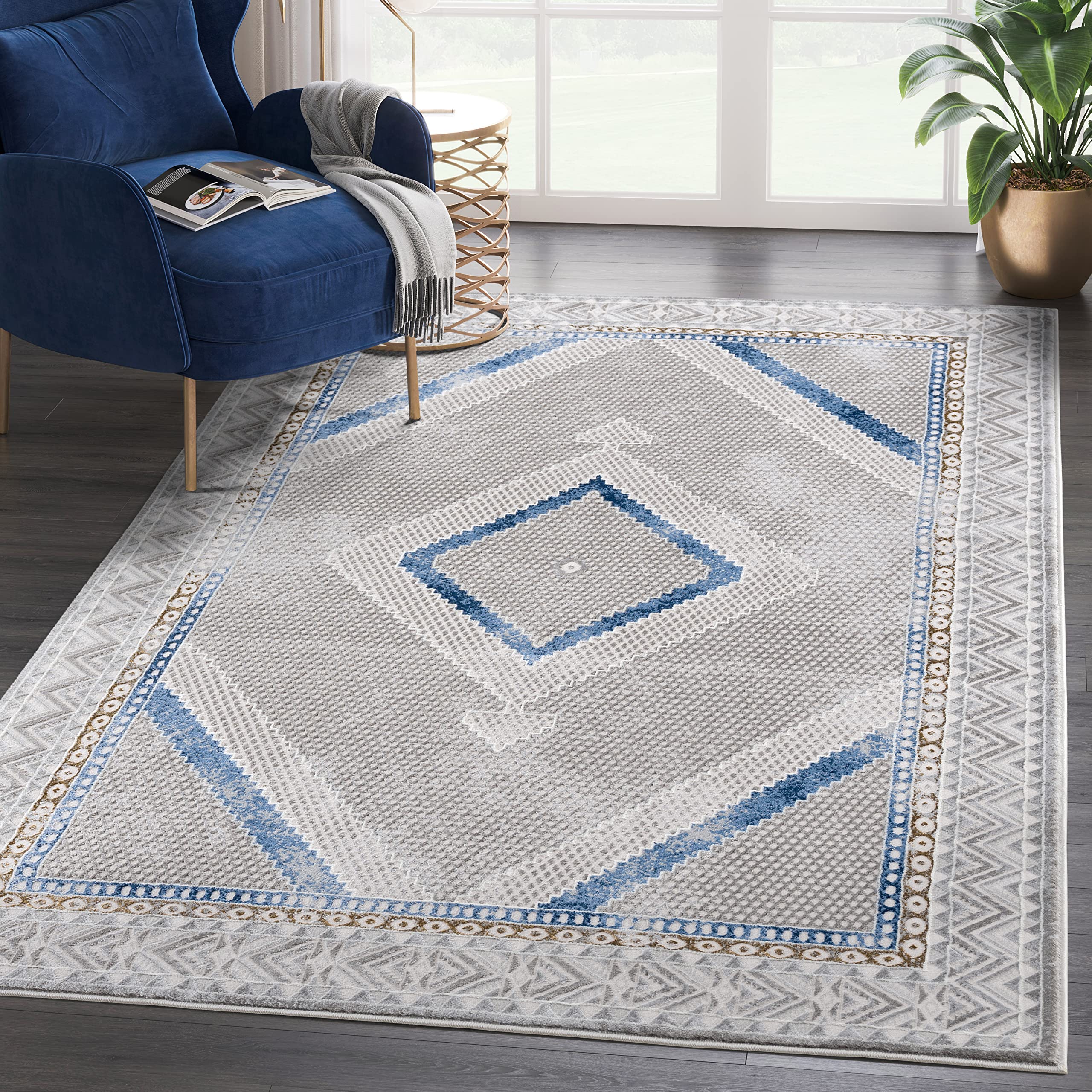 Abani Rugs Traditional Blue Diamond Medallion Area Rug - Premium Non-Shed 6Oriental Print Dining Room Under Table Rug