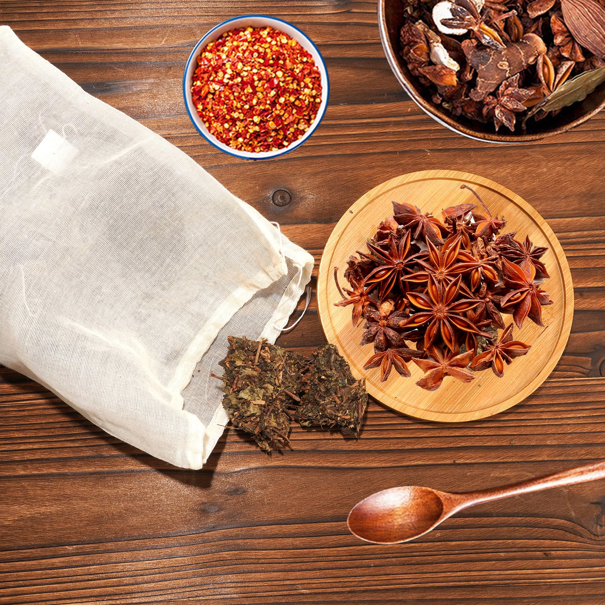RAYNAG Paquete de 12 bolsas de sopa reutilizables, bolsas de especias de cocina, bolsas de malla de algodón, bolsas de cocina a fuego lento, bolsas de gasa con cordón para especias, hierbas, café, té,