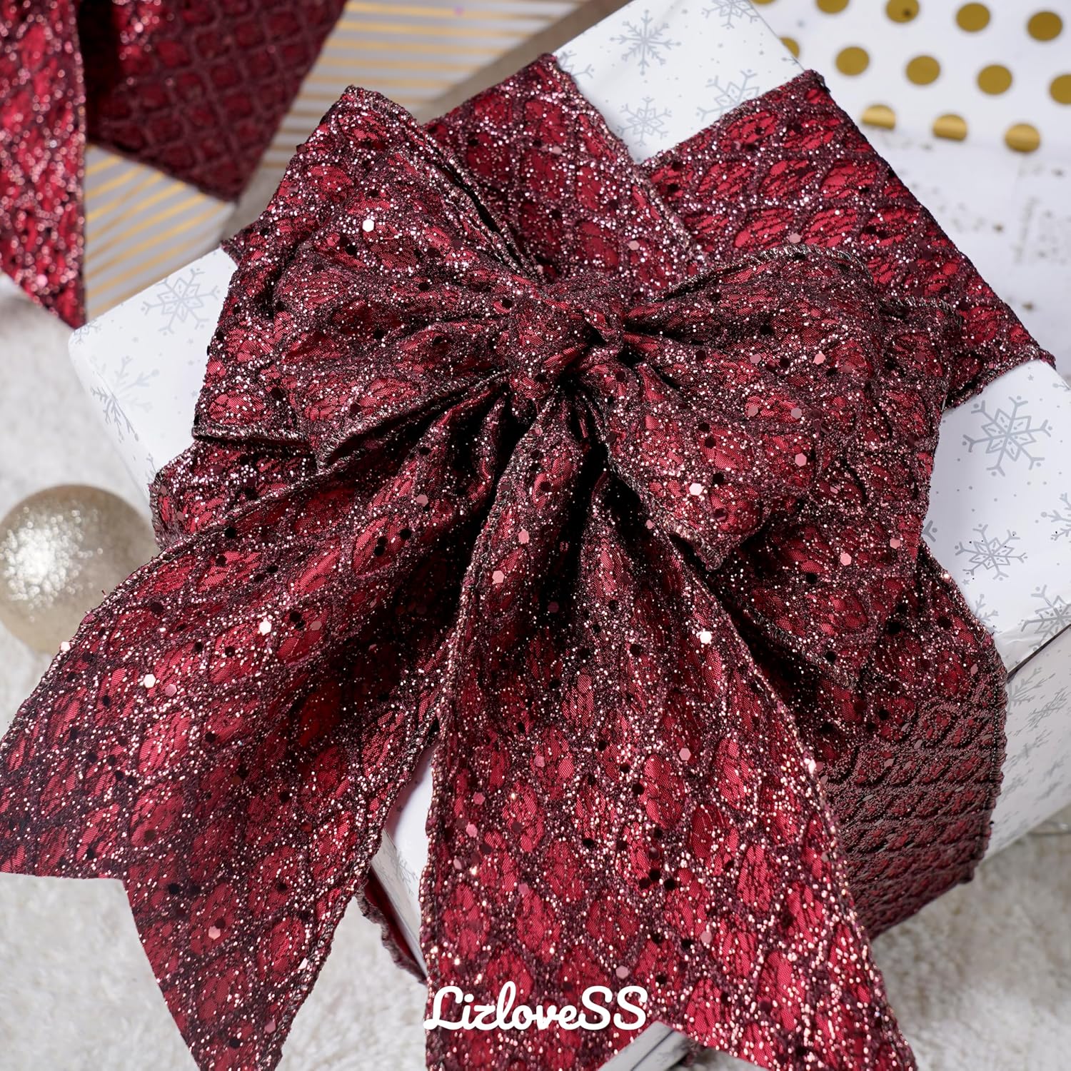 Burgundy Christmas Ribbon 4" Glitter Mesh Wired Ribbon for Christmas Tree Maroon Diamond Honeycomb Ribbon for Gift Wrapping, Crafts, Wreath Supplies, Garland, Tree Topper Bows - 10 Yards