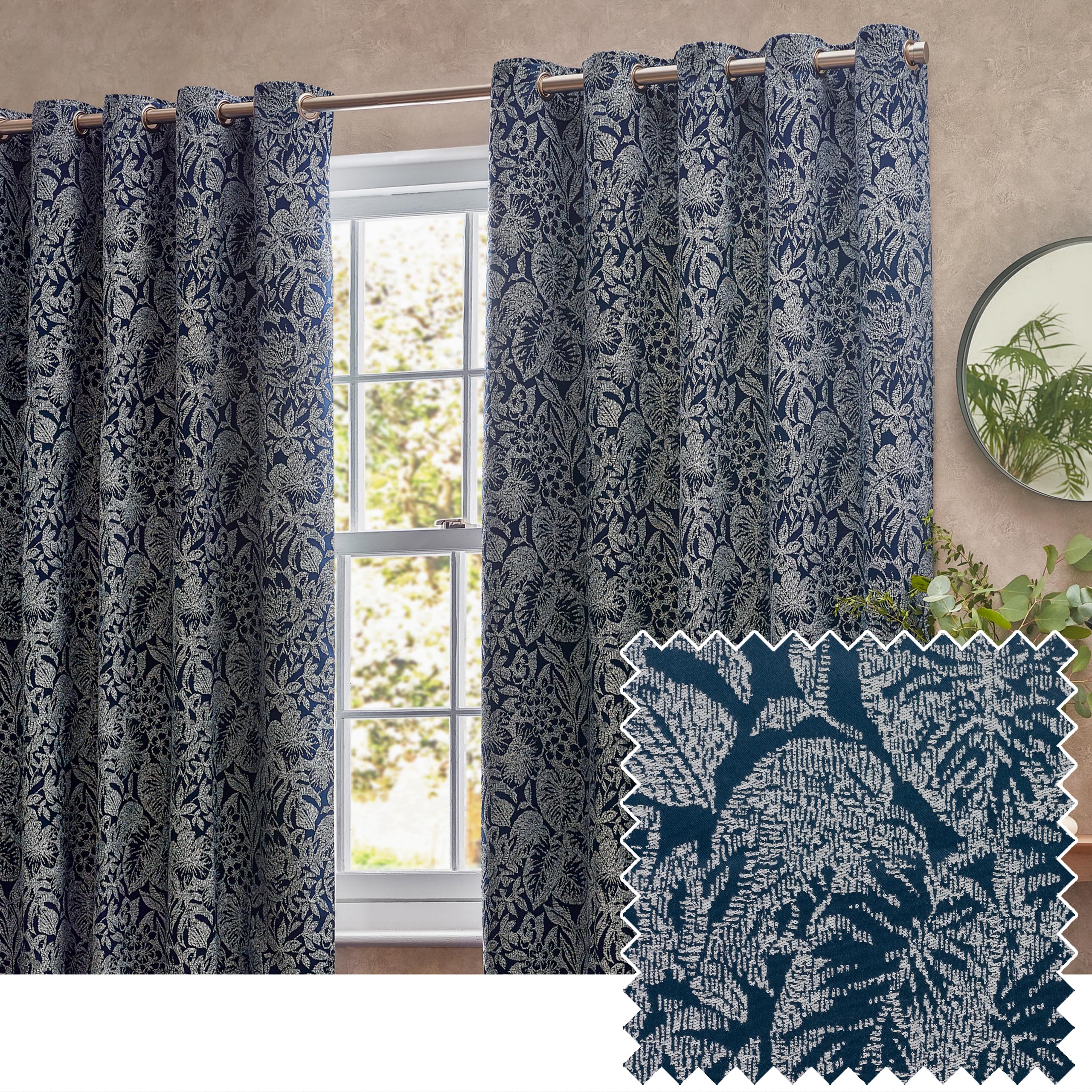 Wylder Bali Botanical Jacquard Eyelet Curtains Blue Size 229 X 137C