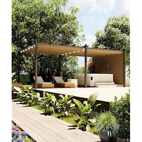 12x20 Ft Modern Aluminum Pergola, Outdoor Pergola with Adjustable Canopy, Stable 4-Sided Base, Aluminum Gazebos for Backyard, Deck, Lawn - Khaki