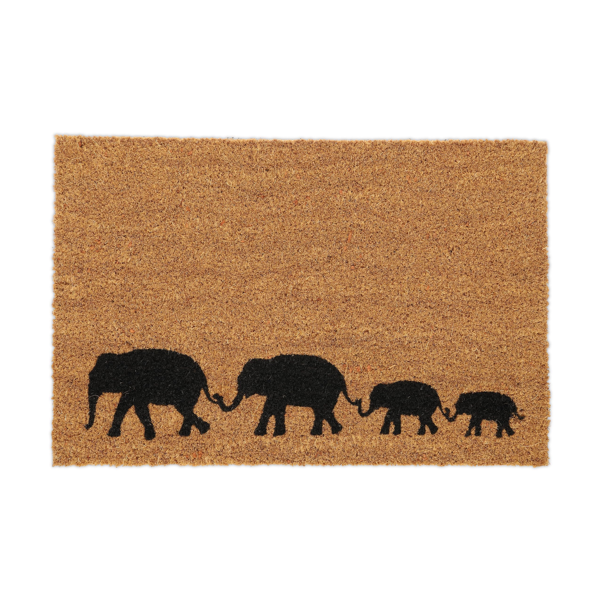 Relaxdays Zerbino In Fibra Di Cocco 60x40 Cm - Antiscivolo Con Design Elefanti - Resistente Alle Intemperie, Per Ingresso Esterno E Interno - Naturale E Nero