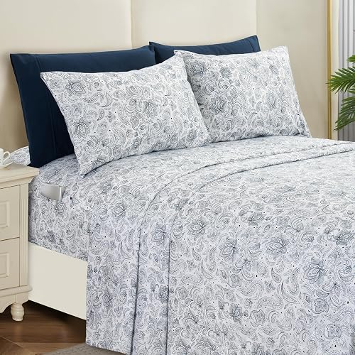 Elegant Comfort Softest and Coziest 6-Piece Sheet Set - 1500 Premium Hotel Quality Microfiber - Deep Pocket, Wrinkle Resistant 6-Piece Paisley Pattern Bed Sheet Set, Queen, Paisley Navy