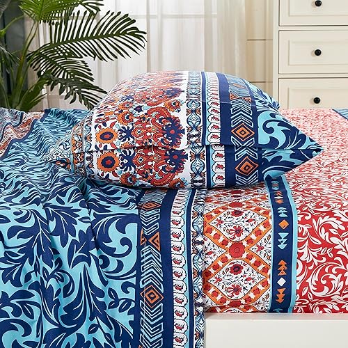 Chezmoi Collection Shore - Juego de sábanas de 4 piezas a rayas bohemias, medallón floral, colorido, azul marino, naranja, rojo, blanco, estampado Chezmoi Collection Shore - Juego de sábanas de 4 piezas a rayas bohemias, medallón floral, colorido, azul marino, naranja, rojo, blanco, estampado