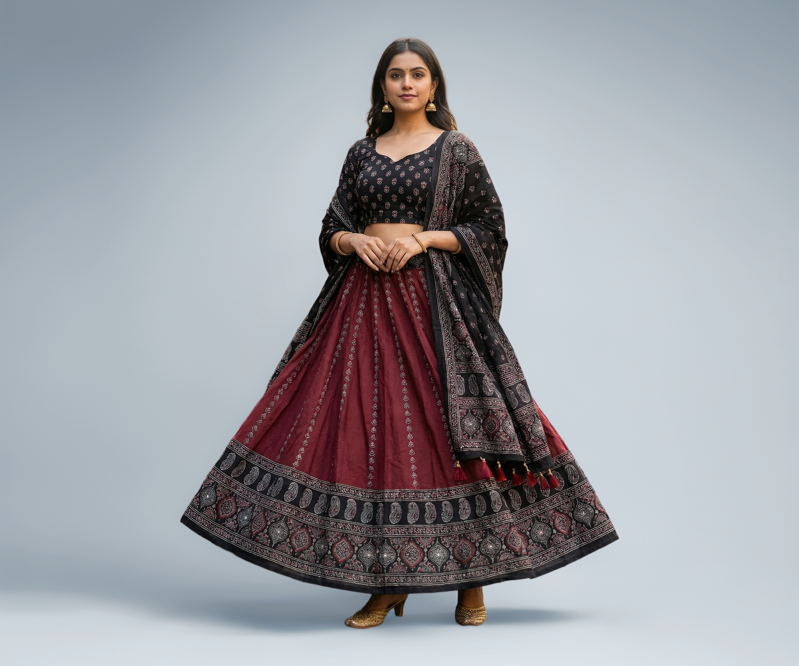 Navratri Ajarakh Print Rayon Semi Stitched Lehenga Choli & Unstitched Blouse With Dupatta