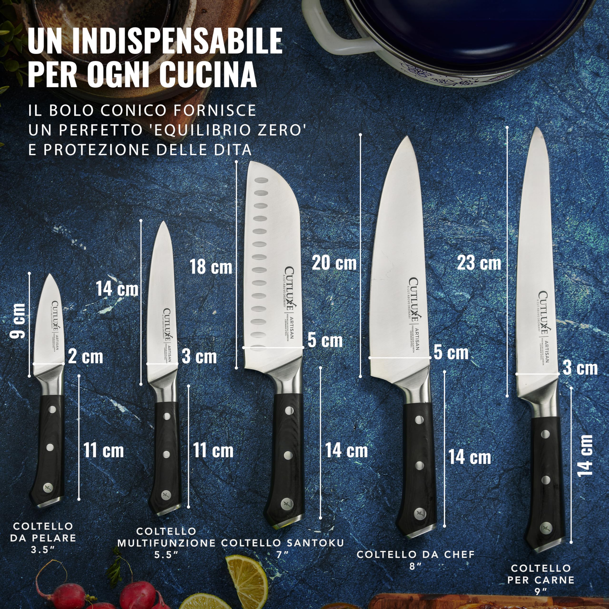 Cutluxe Set 5 Coltelli da Cucina – Acciaio Tedesco, Codolo Intero | Chef 20cm, santoku 18cm, utility 14cm e intaglio 23cm; filo affilato a mano; manico ergonomico