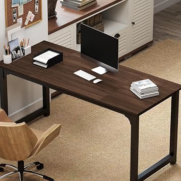 NSdirect Large Office Desk for Home Office, Large 63 Computer Desk Table, Wide Writing Study Desk for 2 Person, Metal Sturdy Frame Thicker Steel Legs, Black Chocolate