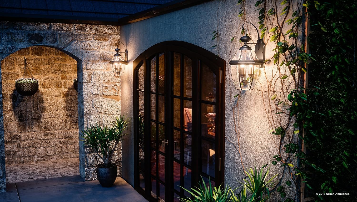 Urban Ambiance Luxury Colonial Outdoor Wall Light, Large Size: 22.5" H x 12.25" W, with Tudor Style Elements, Versatile Design, High-End Black Silk Finish and Beveled Glass, UQL1146