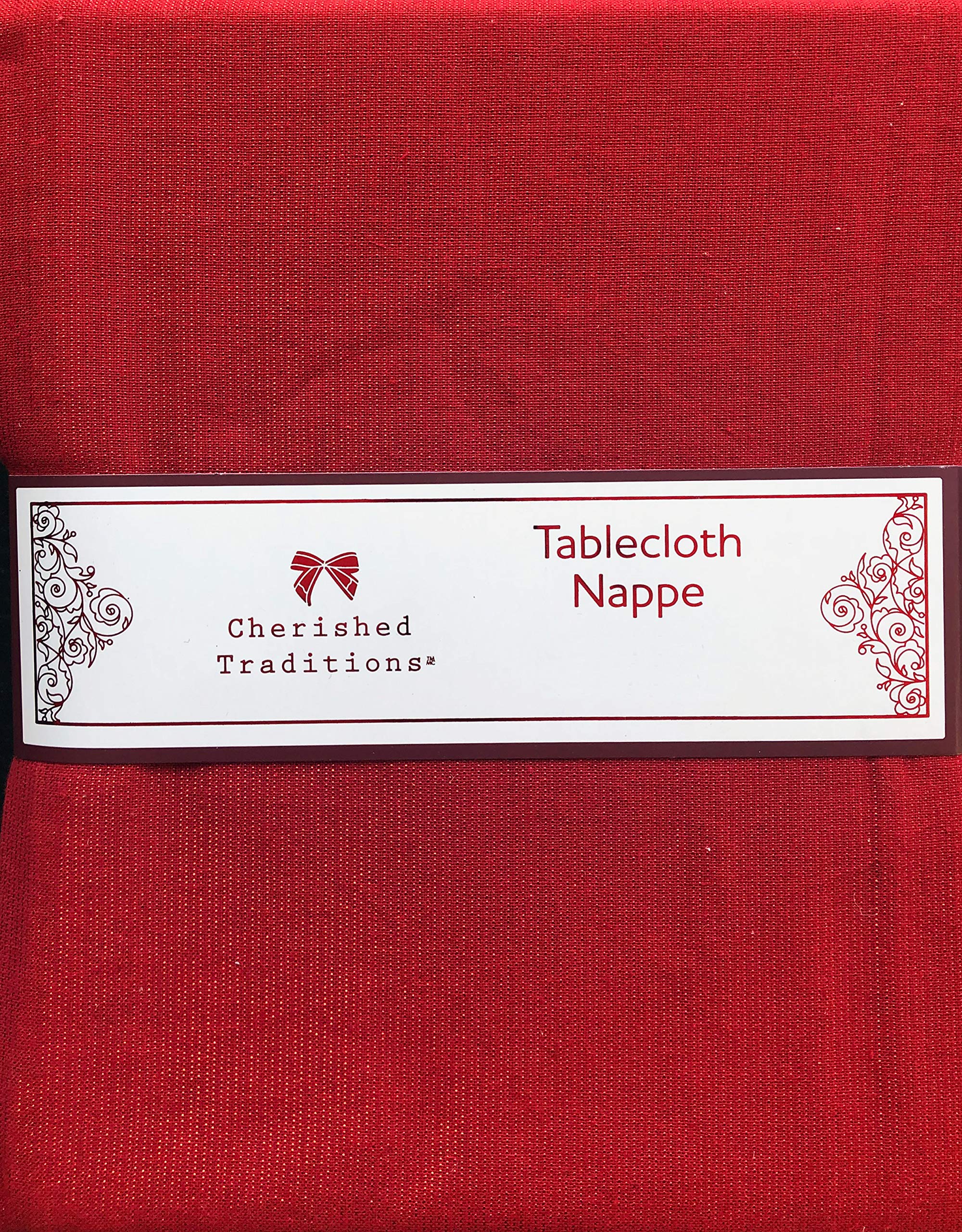 Cherished Traditions Christmas Holiday Fabric Tablecloth Solid Red with Interwoven Metallic Red Tinsel Thread Sparkles 60 Inches x 84 Inches