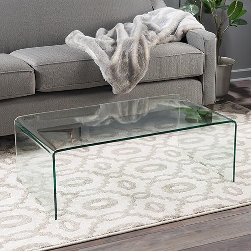 Merax Modern Glass Coffee Table, Clear Tempered Glass End Table with Safe Round Edges for Living Room, Easy to Clean, No Assembly, Match Well with Rug, 39.3 x 21.6 x 14