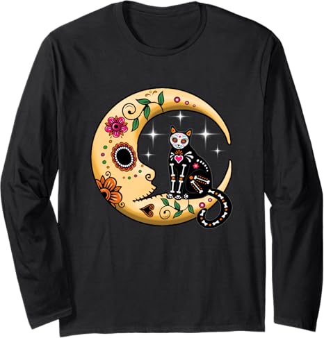 Cat & Moon Sugar Skull Dia de Los Muertos Day tees