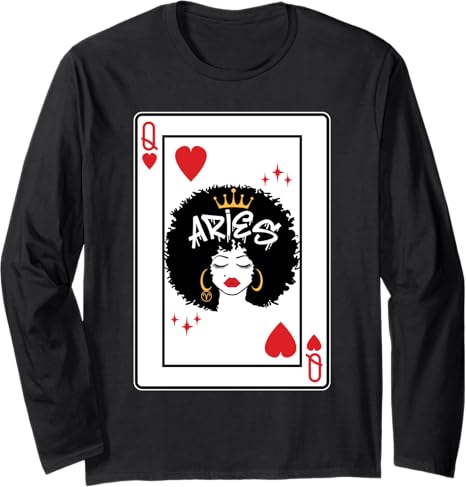 Aries Astrology Black Queen Hearts Blackjack Cards Poker Long Sleeve T-Shirt
