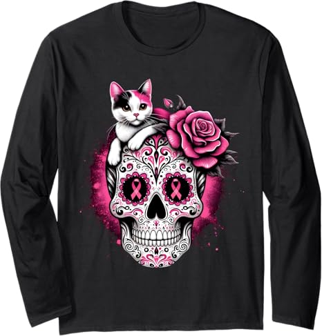 Cat Sugar Skull Breast Cancer Awareness