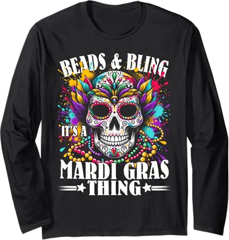 Colorful Sugar Skull Beads Mask Mardi Gras Tee