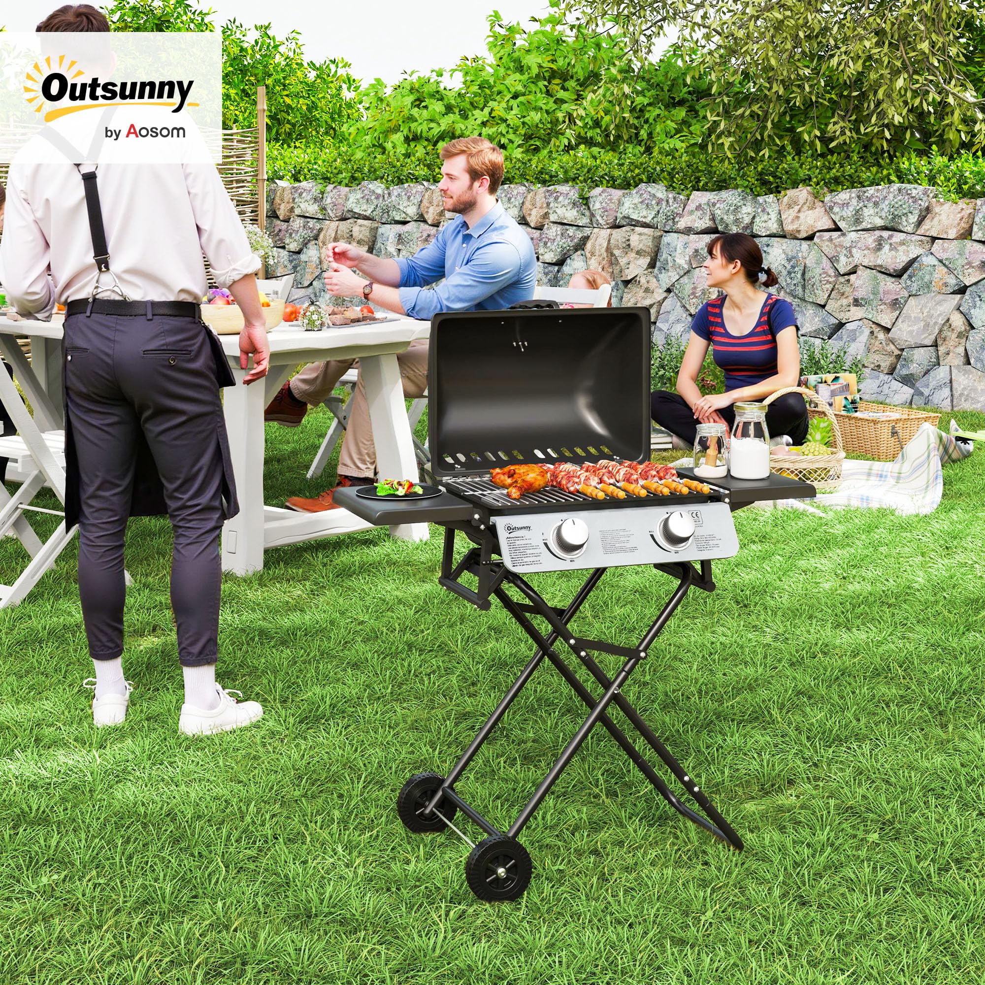 Outsunny Gasgrill 5,6 KW mit 2 Edelstahl-Brennern, klappbarer Grillwagen, Seitenablagen, Rollen, Deckel mit Thermometer, Druckminderer und Gasschlauch, BBQ Gartengrill, Camping-Grill 101 x 50 x 102 cm