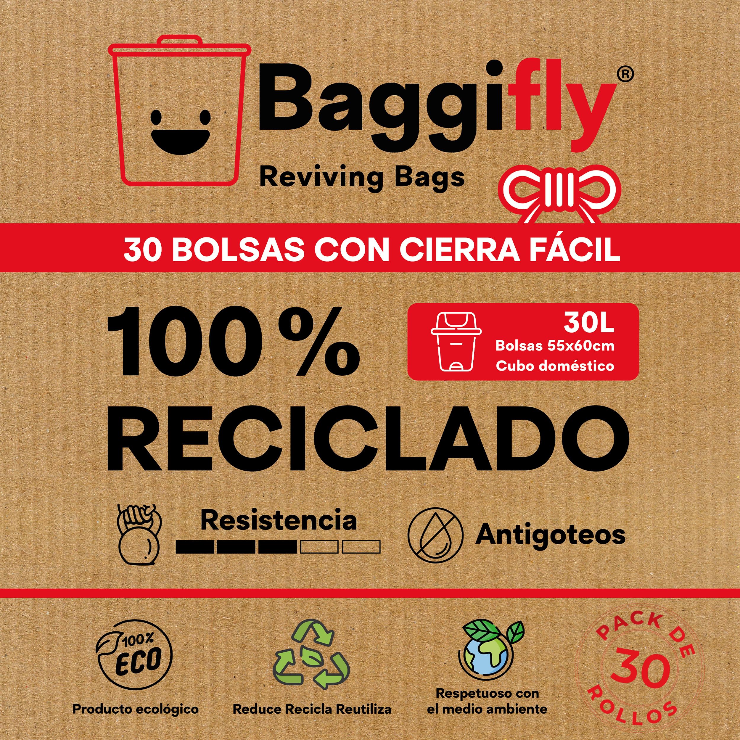 Baggifly Worki na śmieci 30L - 30 rolek po 30 torebek - 100% materiał z recyklingu - wymiary 55 x 60 cm - Idealne do użytku domowego - Super wytrzymałe torby - Z górnym zamknięciem - Szary