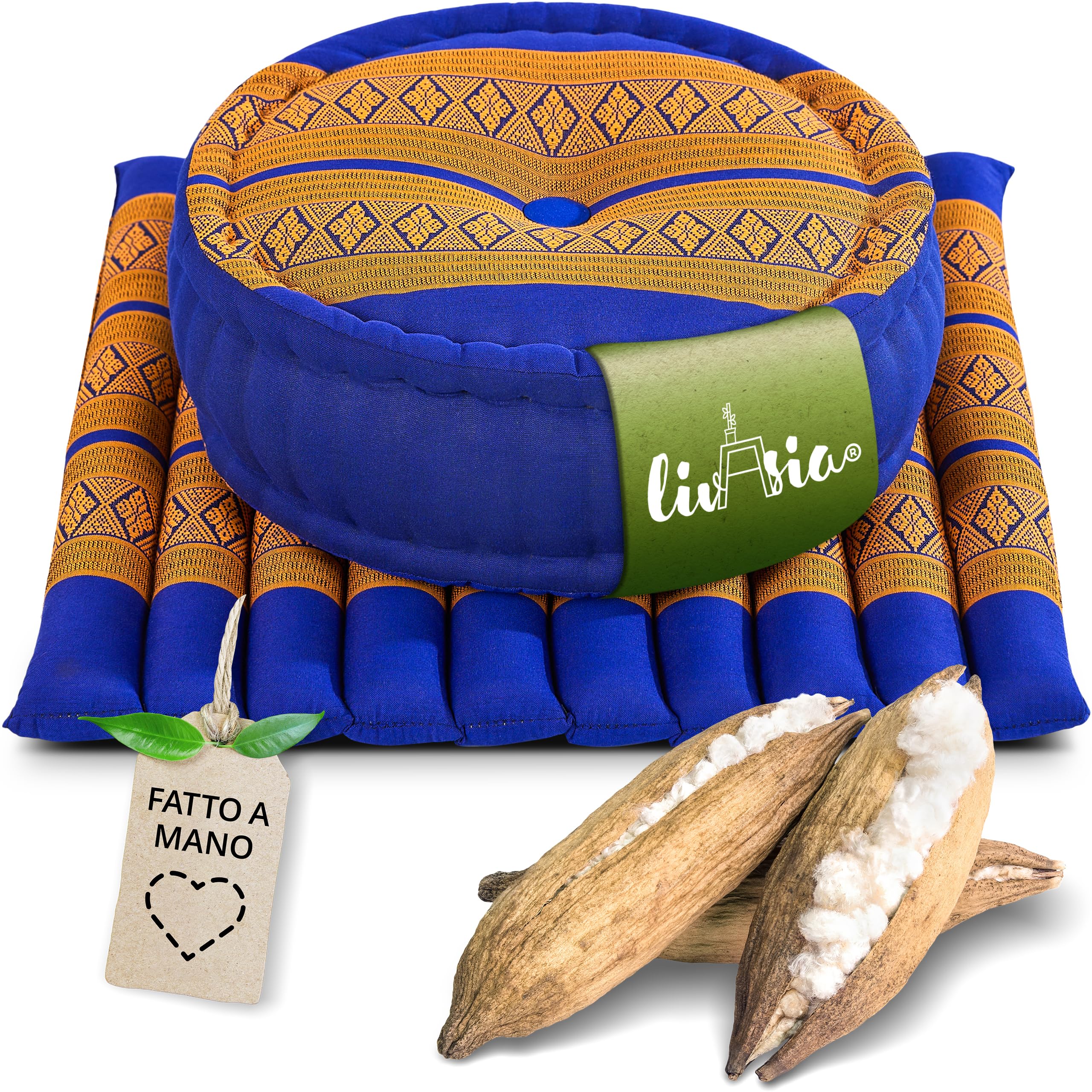 livasia Set Meditazione L - Ø 38x15cm/tappetino 50x50x4,5cm - Set Yoga con Cuscino e Tappetino, Pouf, Tappetino e Cuscino Yoga Fatto a Mano con kapok, Cuscino Pavimento, Cuscino zafu (Blu/Giallo)