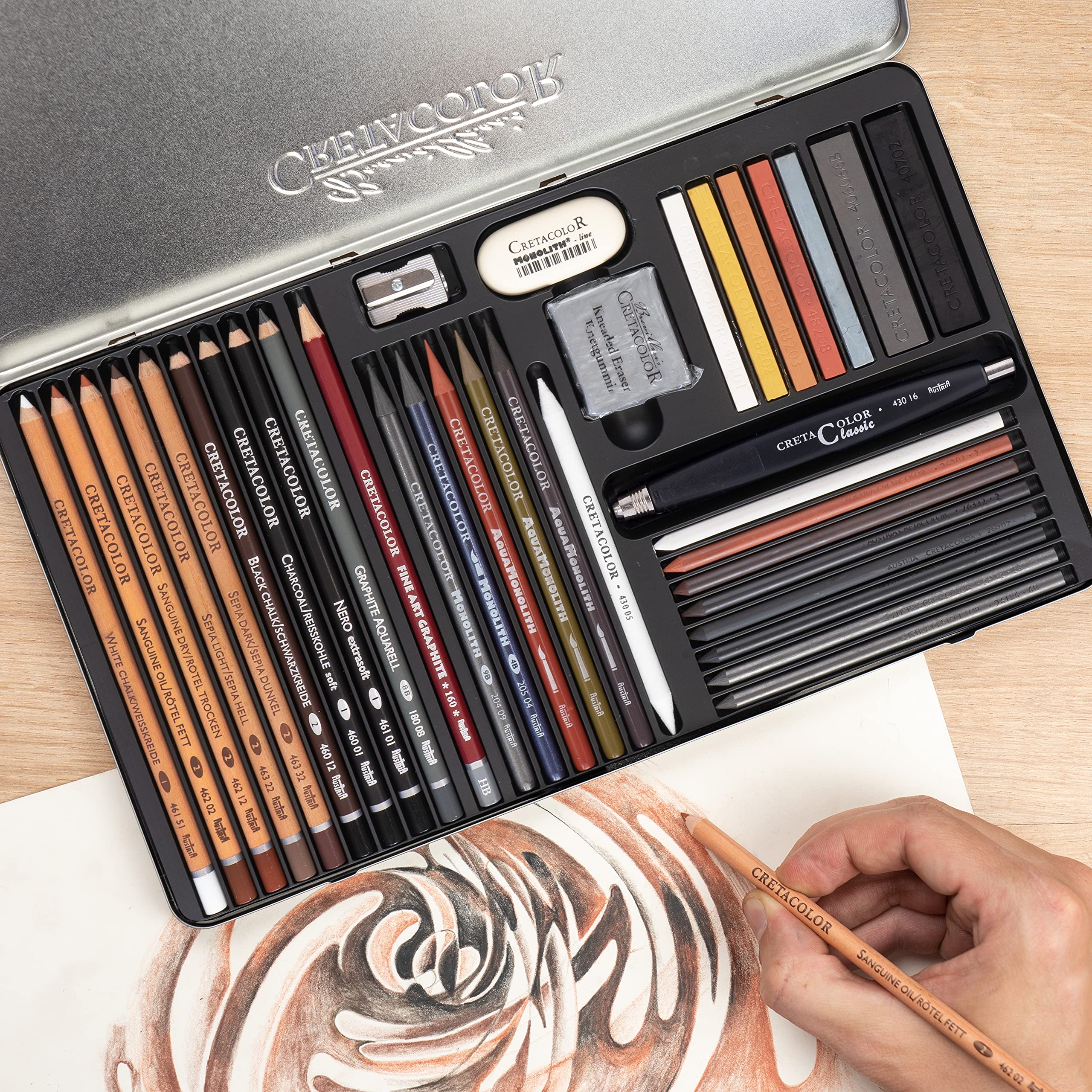 CRETACOLOR Ultimo, set da schizzo, 35 pezzi, set per artisti multifunzione, con gomma e temperino, diversi materiali da disegno