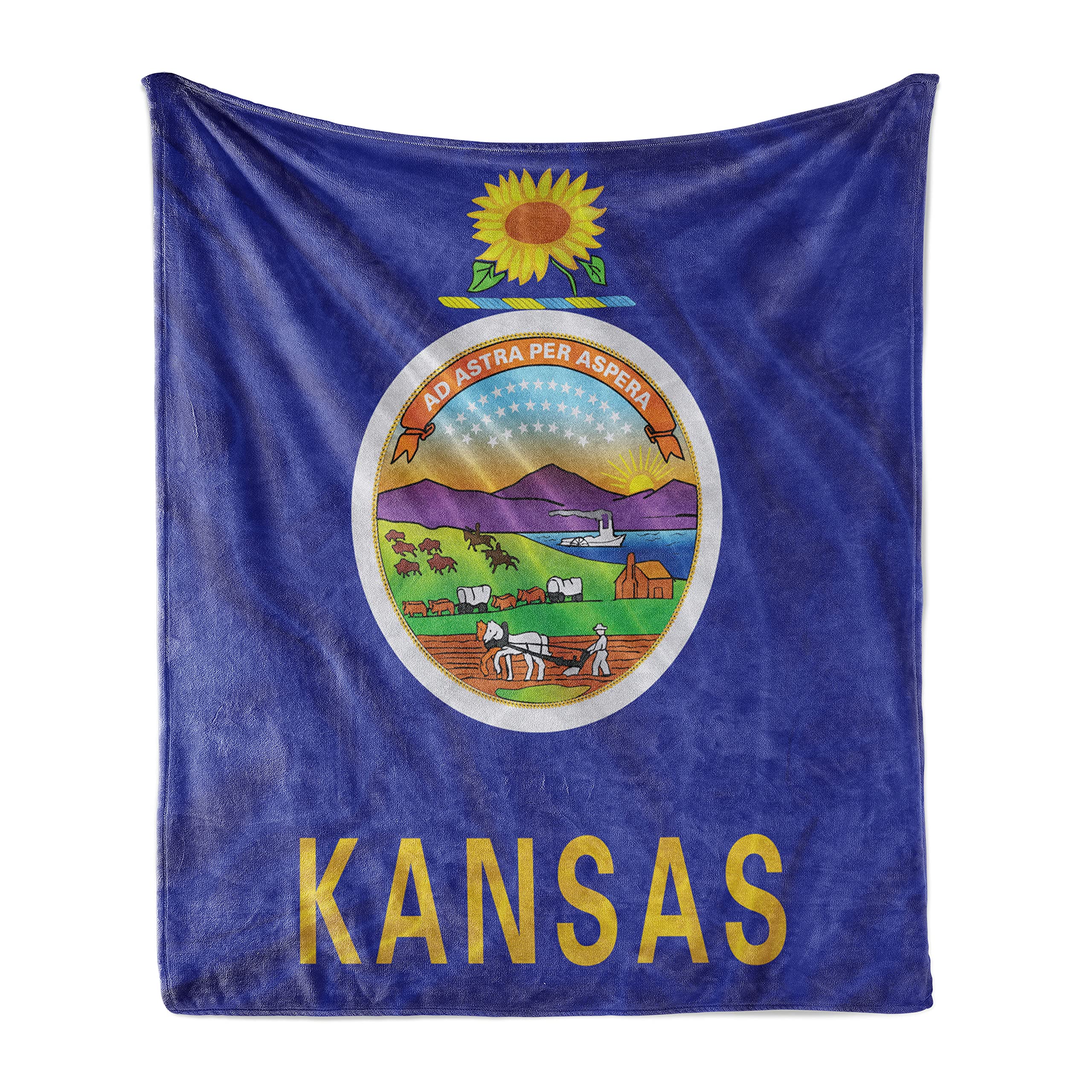 Lunarable American Throw Blanket, Kansas Flag State Seal and Sunflower Agriculture History Landscape, Flannel Fleece Accent Piece Soft Couch Cover for
