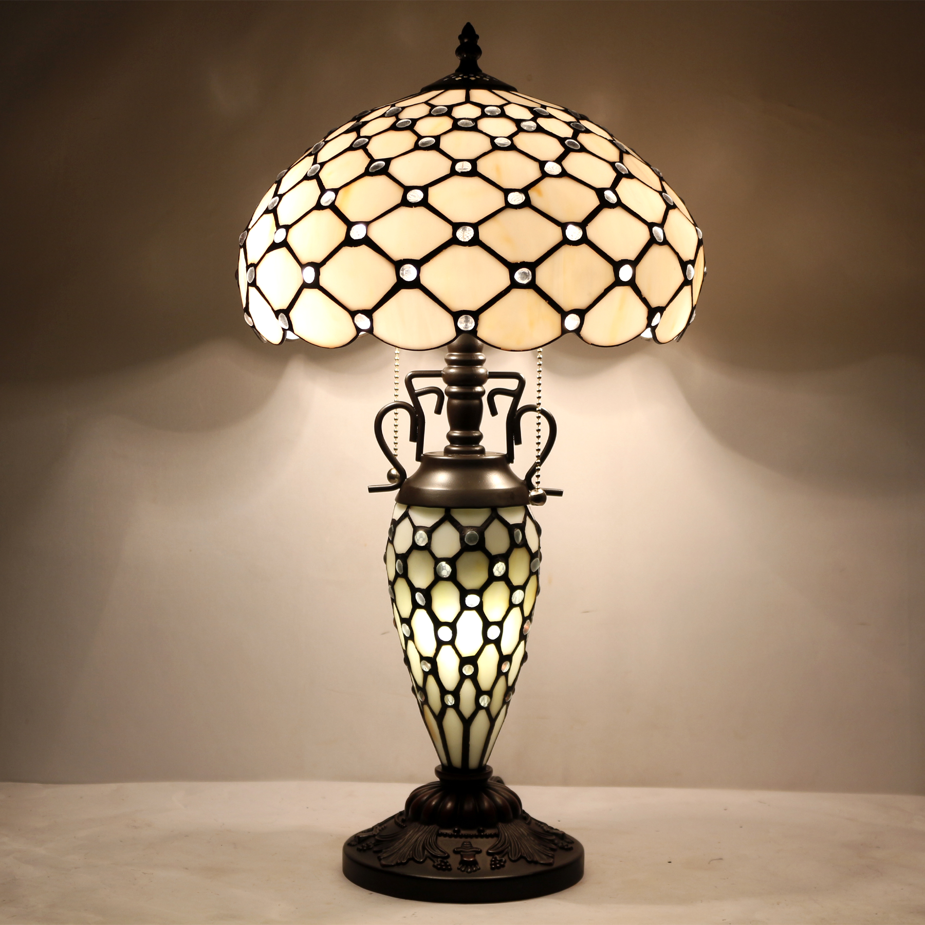 Image of WERFACTORY Tiffany Style Table Lamp Cream Stained Glass Crystal Bead Lamp